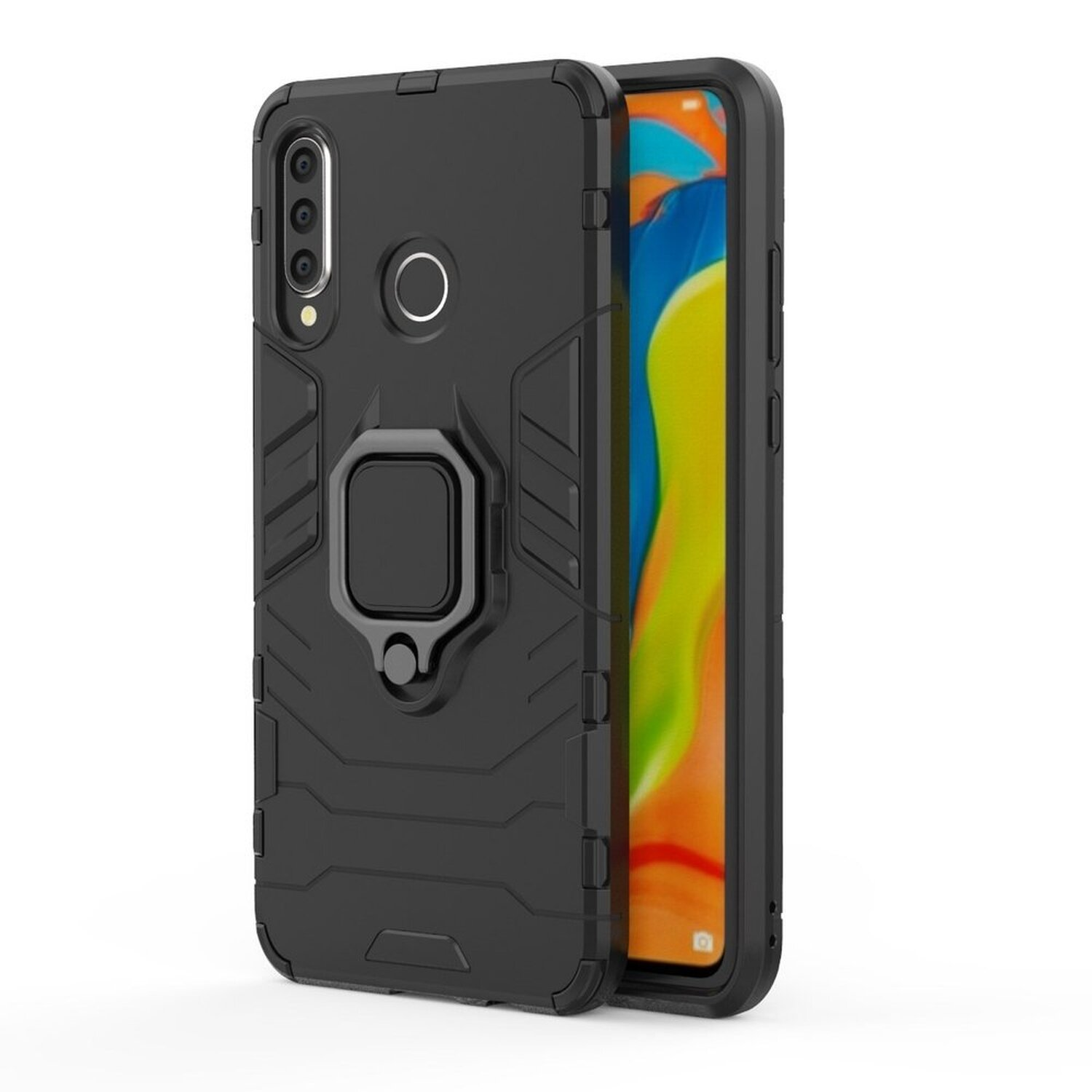 Schwarze Handyhülle mit strukturiertem Design und Ringhalter auf der Rückseite.