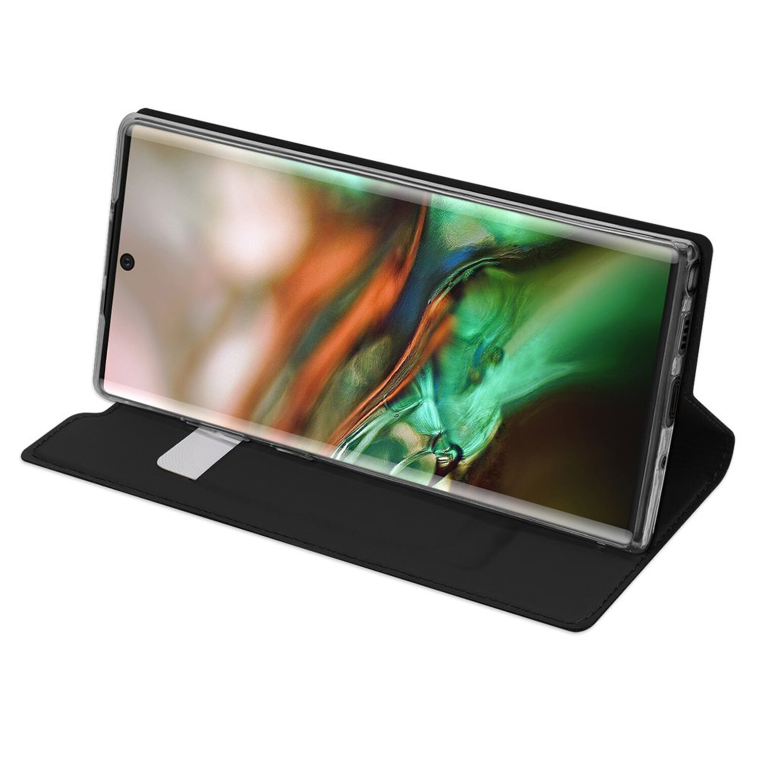 Schwarze Handyhülle, geöffnet, mit einem Telefon, das einen grünen und weißen abstrakten Entwurf anzeigt.