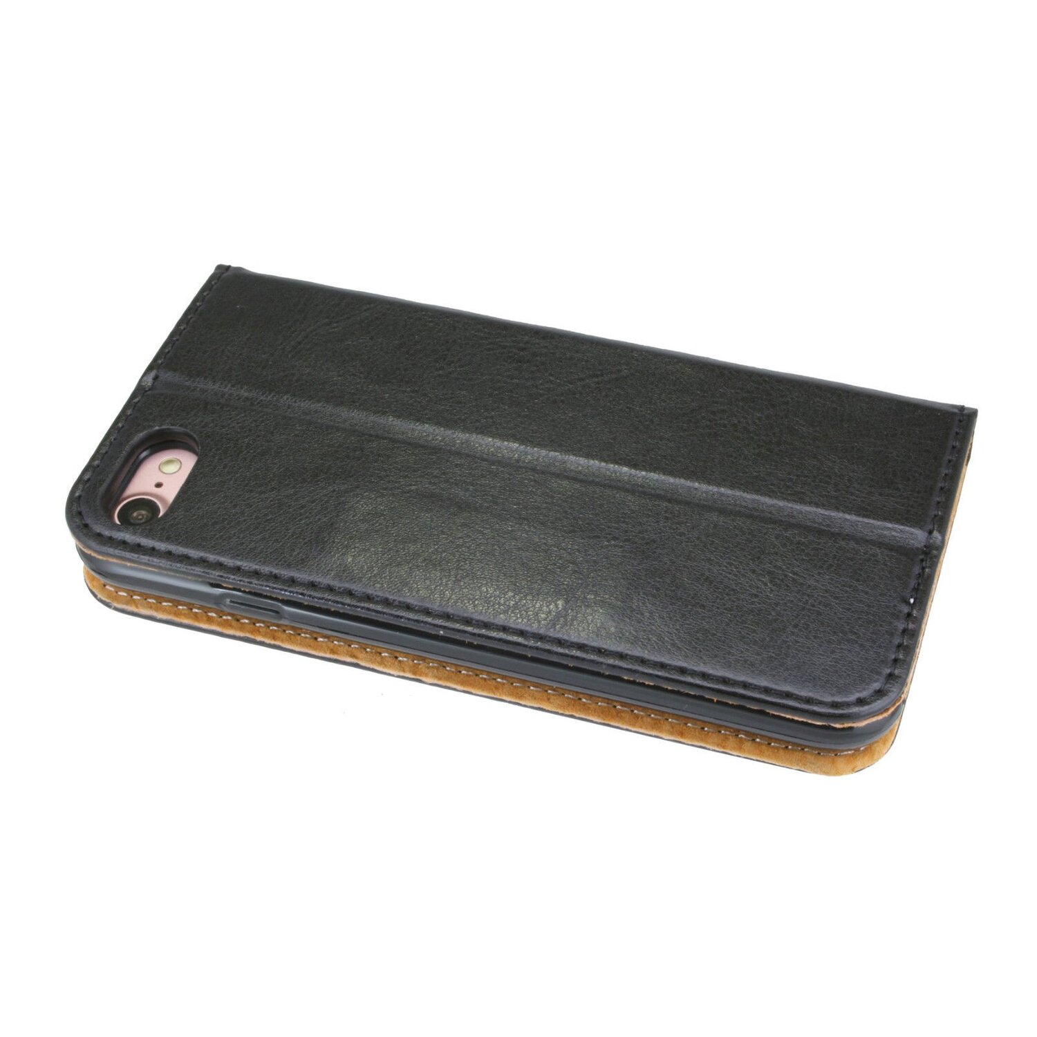 Geöffnete schwarze Leder-Handyhülle, die ein Telefon zeigt.