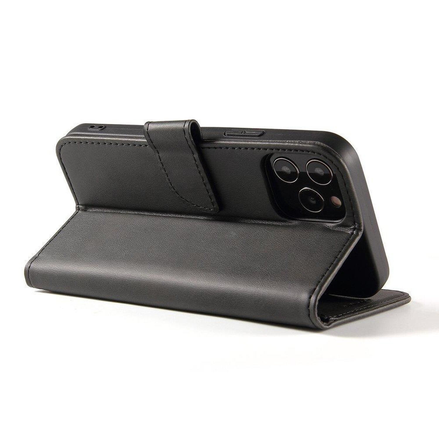 Schwarzes Telefon in einer schwarzen Leder-Geldbörsenhülle. Die Hülle ist geöffnet und zeigt das Telefon.
