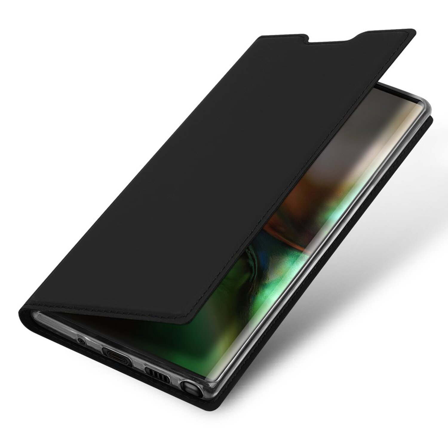 Schwarze Handyhülle mit offenem Deckel, der den Telefonbildschirm freigibt.