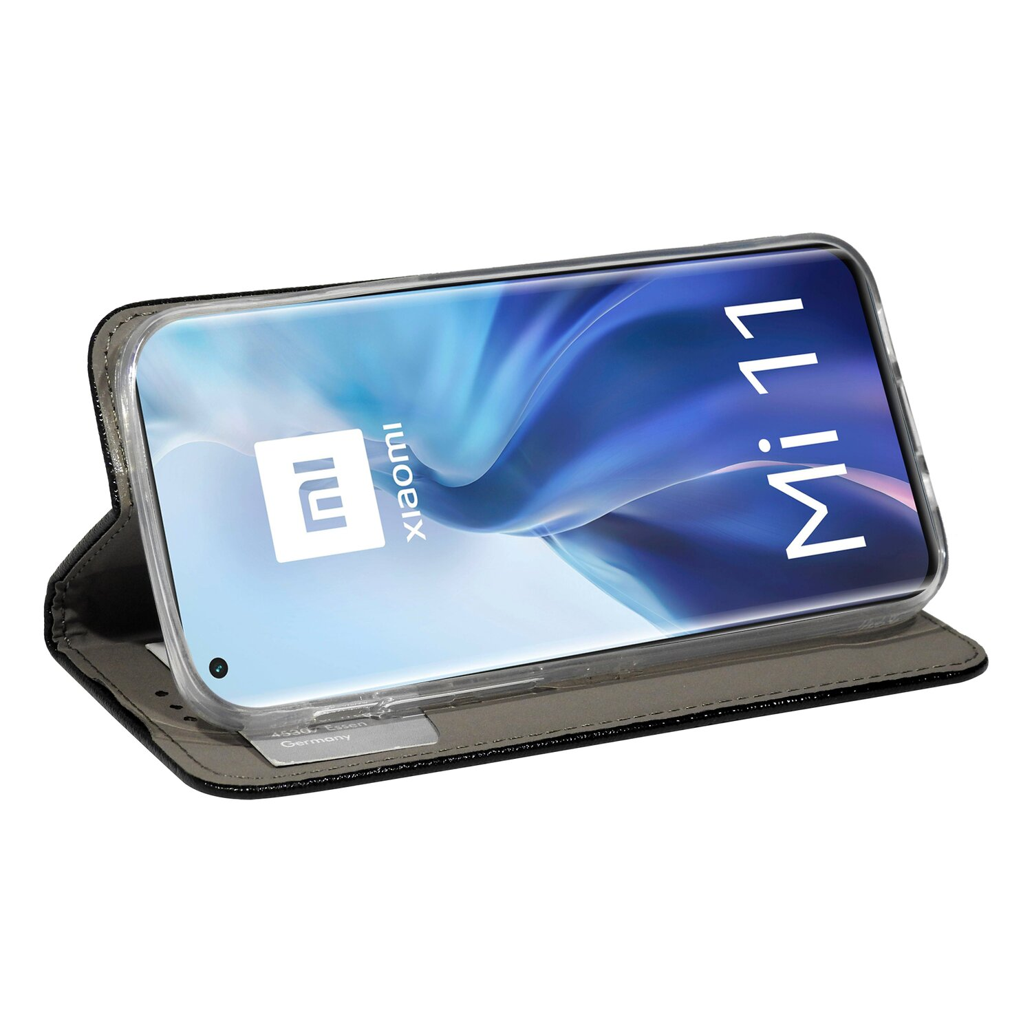 Ein Telefon in einer Hülle mit Xiaomi-Logo. Der Bildschirm zeigt Mi 11.