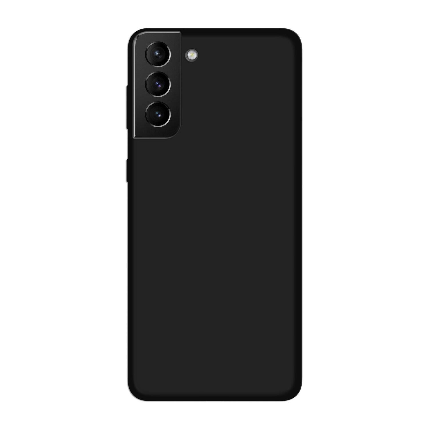 Schwarzes Smartphone mit Dreifachkameras. Das Telefon befindet sich auf weißem Hintergrund.