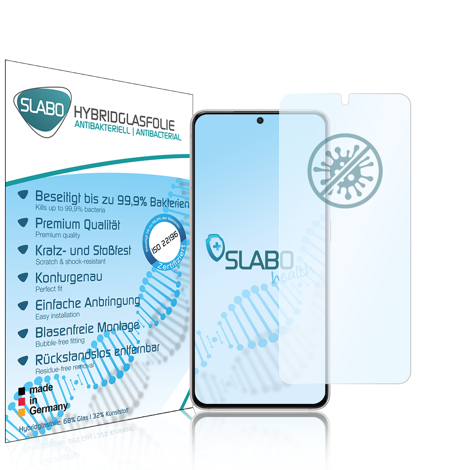 Ein Displayschutz für das Telefon mit weißem Hintergrund. Zeigt Produktinformationen und einen Telefonbildschirm