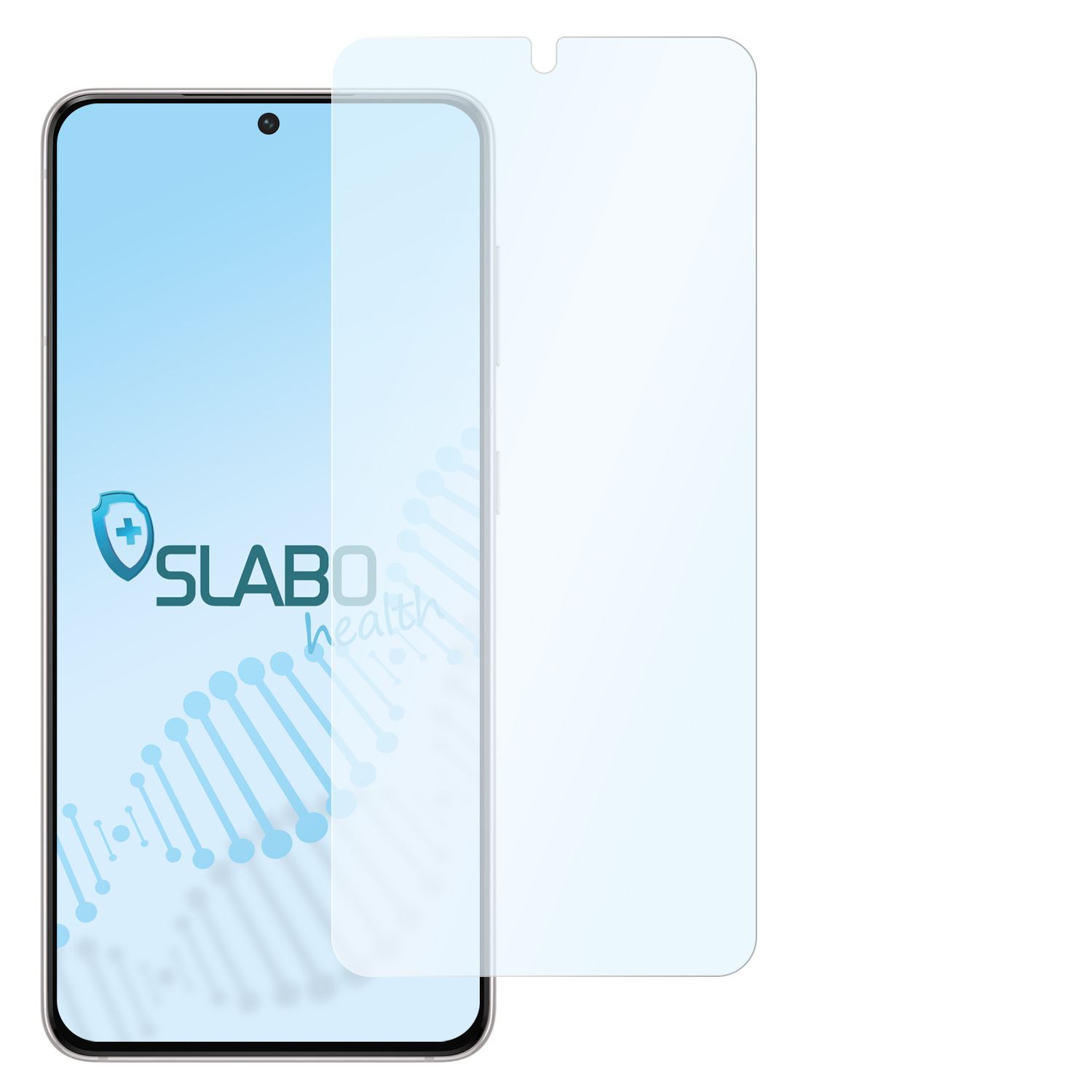 Telefonbildschirm mit aufgebrachter Displayschutzfolie, mit dem SLABO Health-Logo auf dem Telefon.