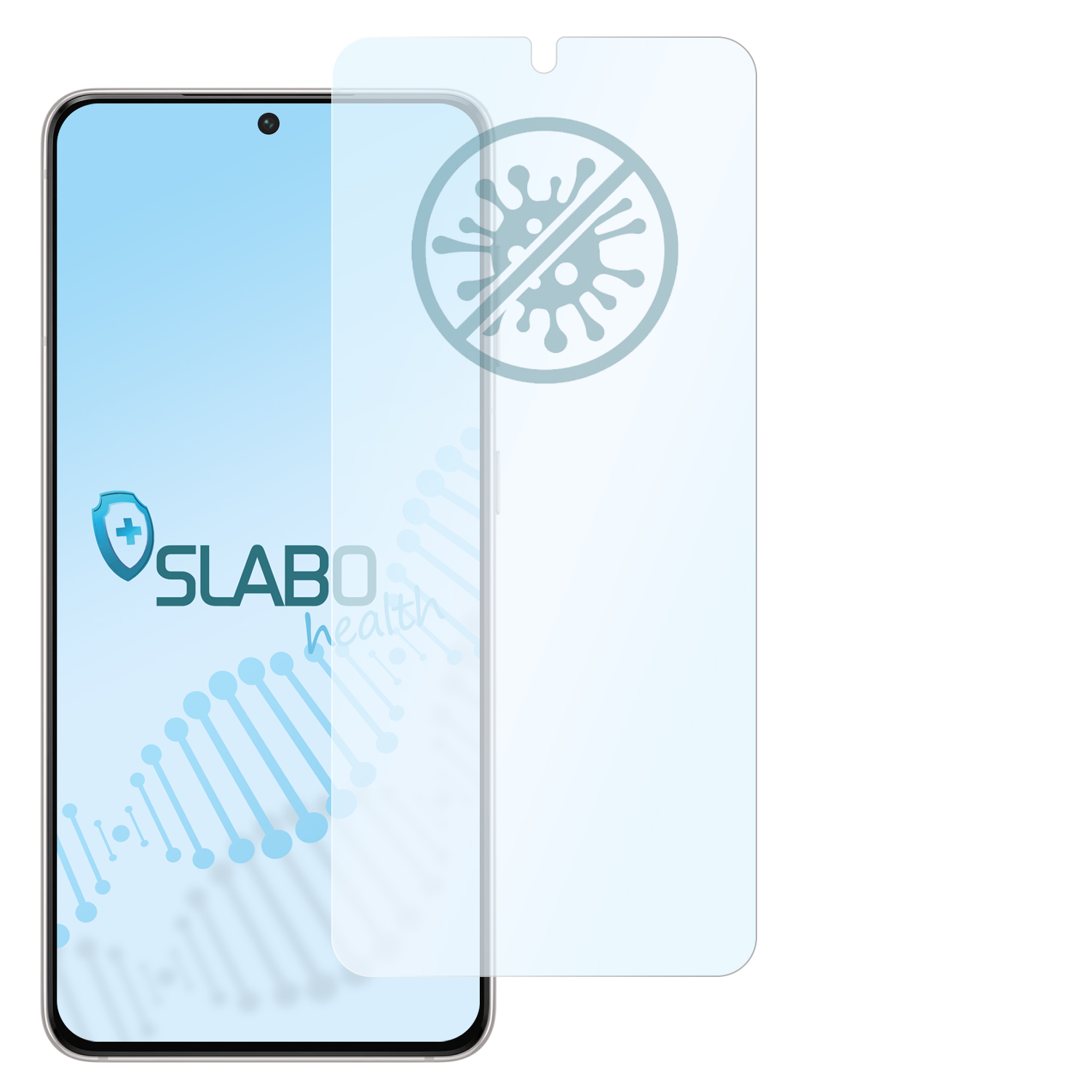 Ein Smartphone mit angebrachtem Displayschutz. Der Schutz hat ein Kein-Virus-Symbol. Das Telefon ist weiß.