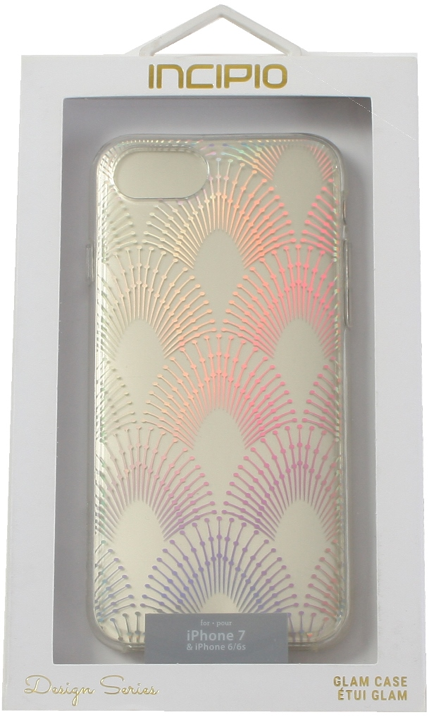 Eine Handyhülle in einer Box mit einem schillernden Fächerdesign für ein iPhone 7 & 6/6s.