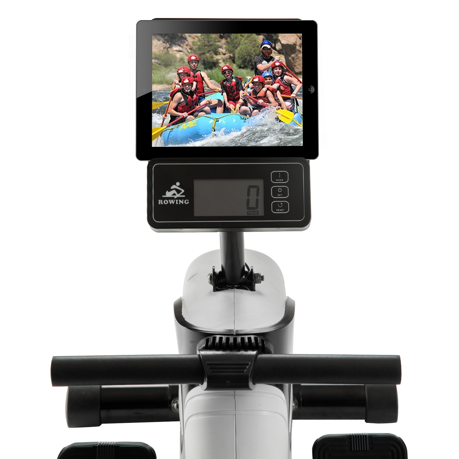 Ein Rudergerät mit Tablet, das eine Gruppe von Leuten beim Rafting zeigt.