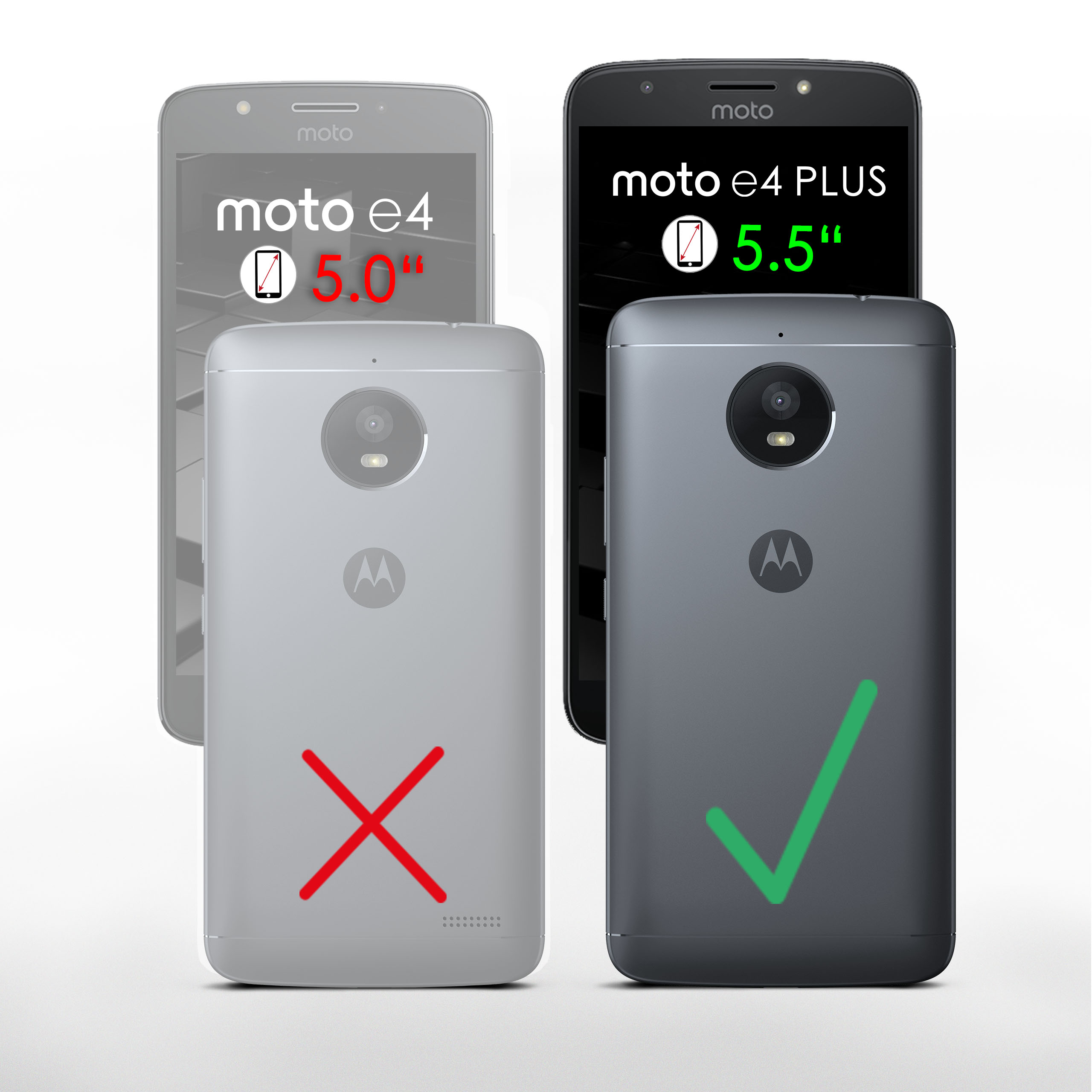 Vergleich von zwei Telefonen. Moto e4 mit rotem X und Moto e4 PLUS mit grünem Häkchen.
