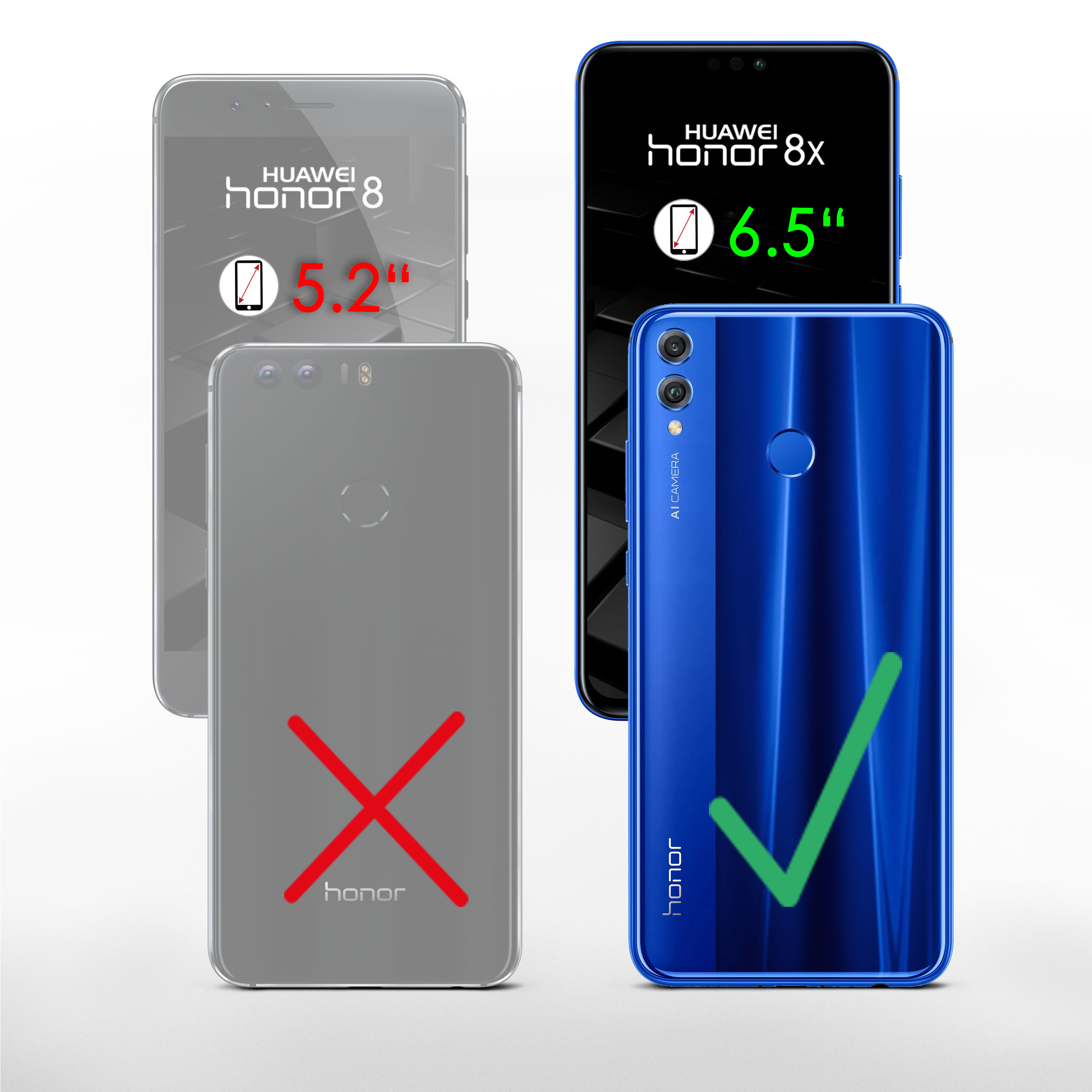 Zwei Telefone mit Hüllen, eines hat die richtige Größe und ist blau, das andere nicht.