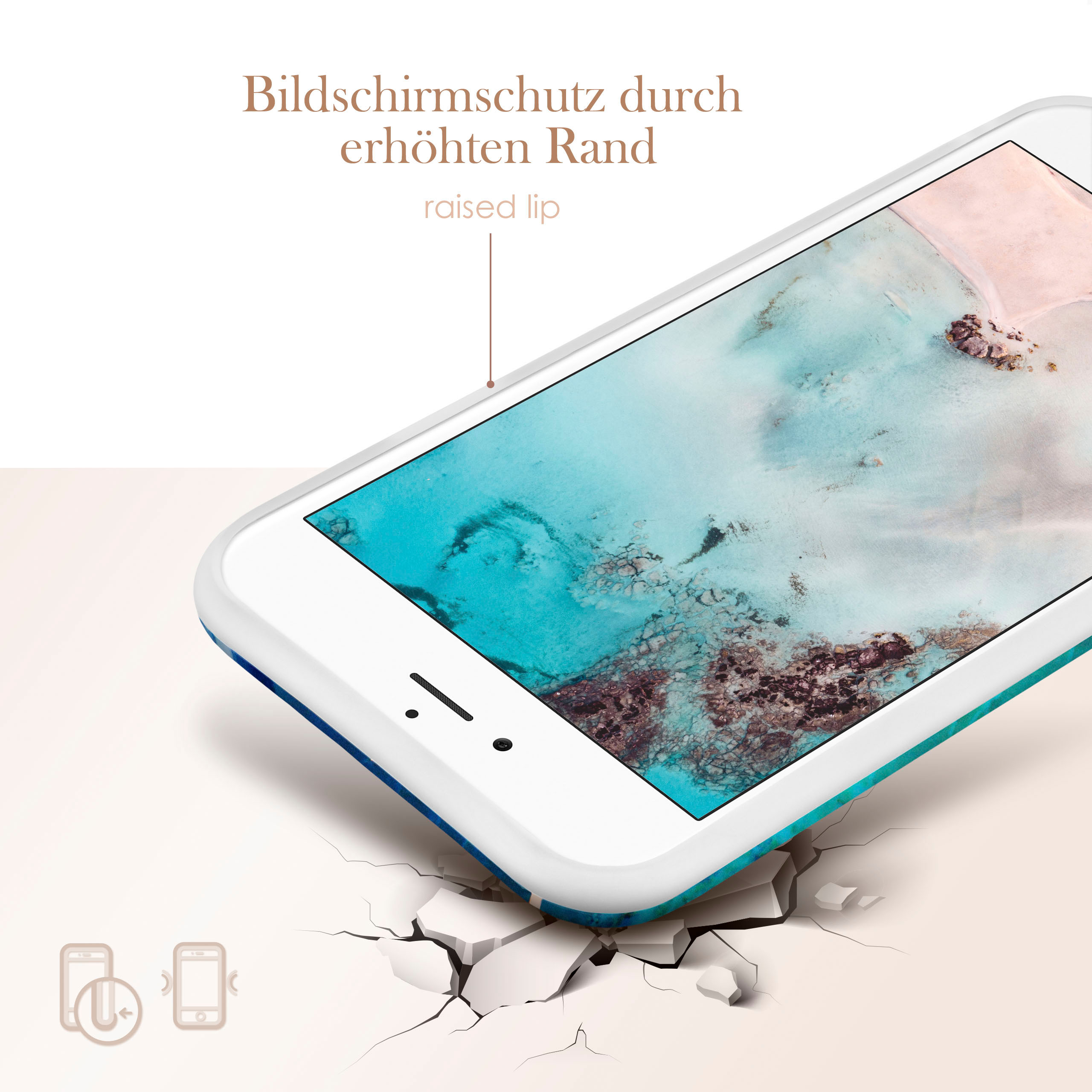 Weiße Handyhülle mit einem Telefon vorne. Text sagt 'erhöhter Rand'.