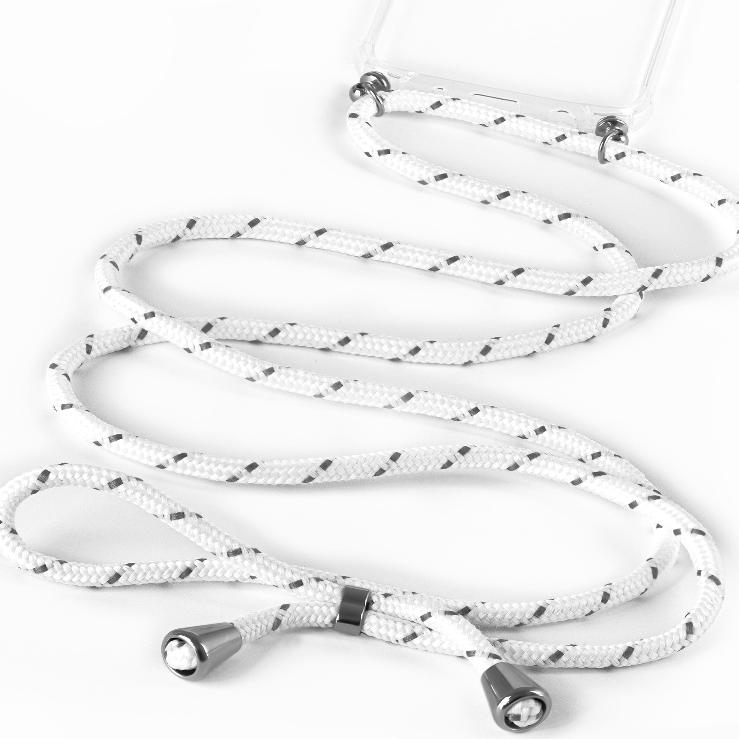Ein weißes Handyhüllen-Lanyard mit weiß-grauem Seildesign und silbernen Akzenten.