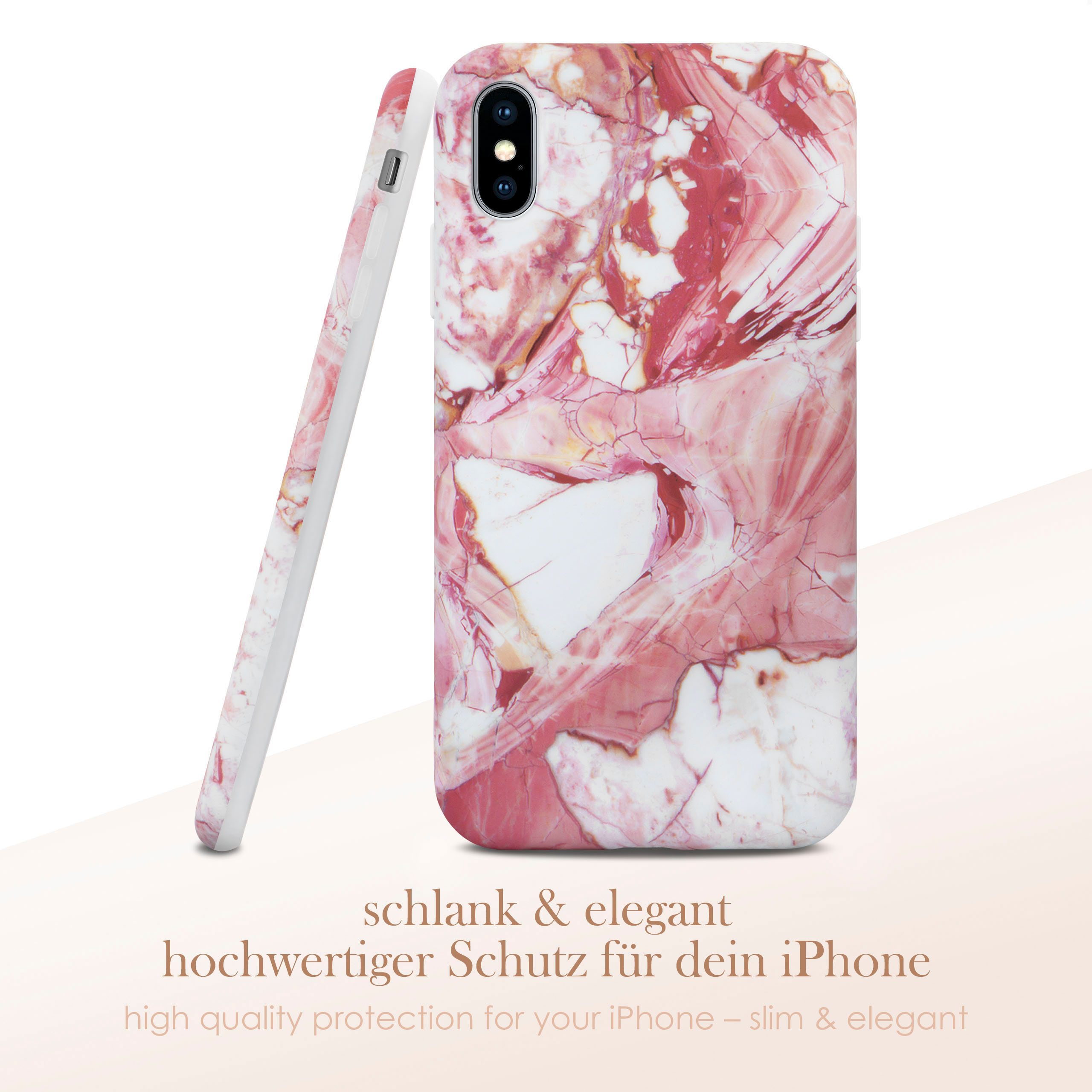 Rosa und weiße Marmor-Handyhülle. Die Handyhülle lehnt sich an. Der Text lautet elegant und hochwertiger Schutz.