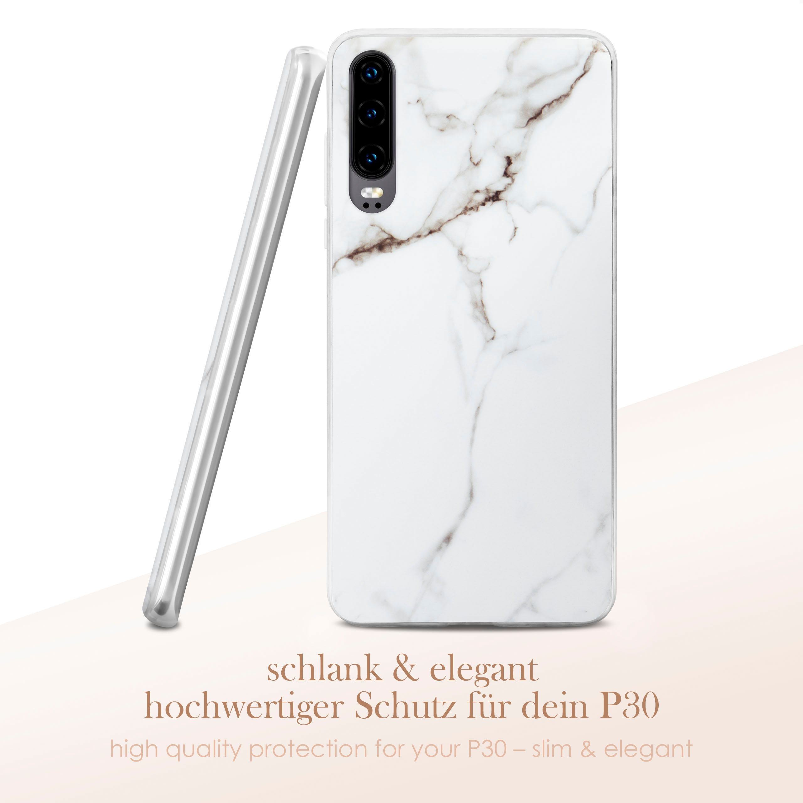 Weiße Handyhülle mit Marmormuster. Eine transparente Hülle lehnt daran.