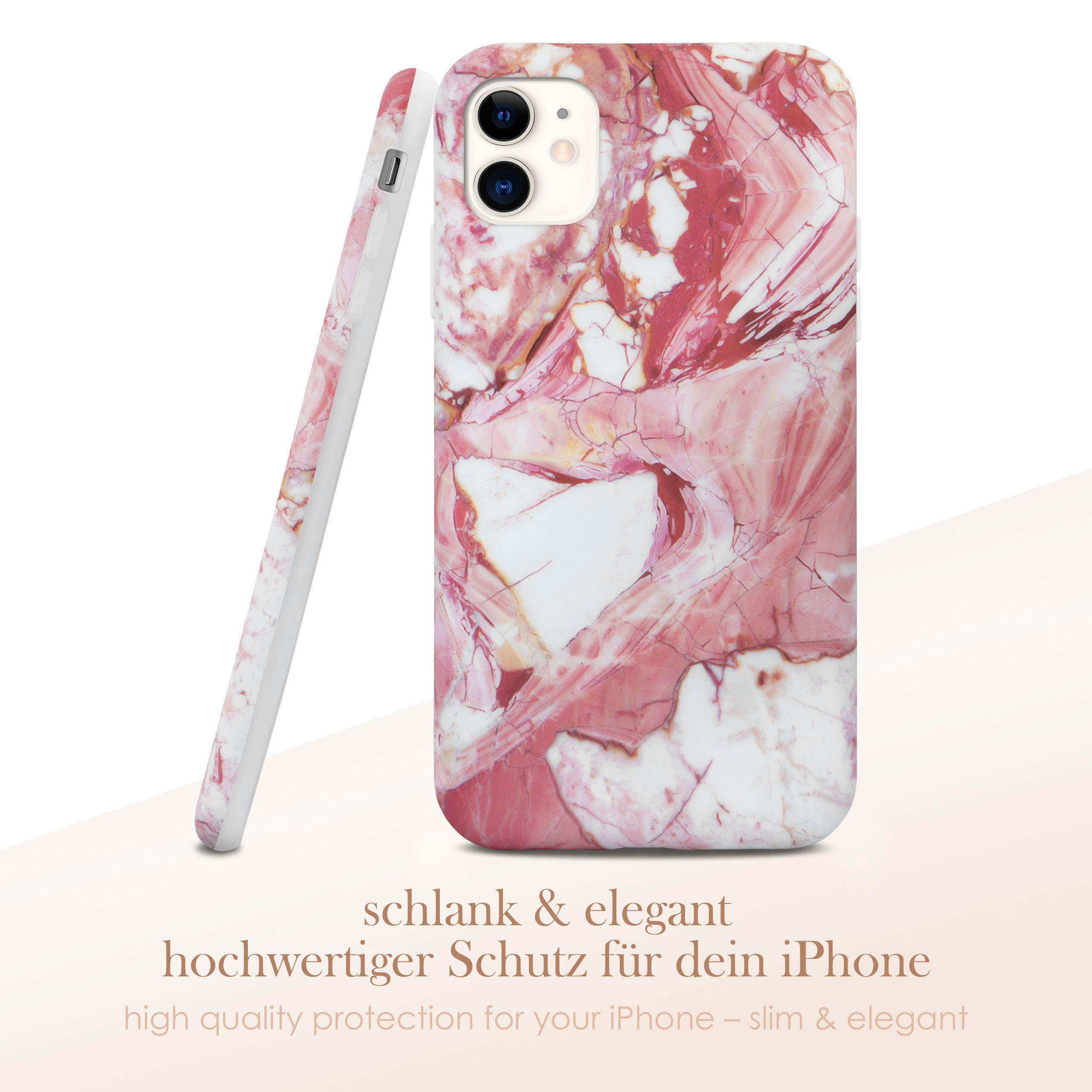 Rosa marmoriertes Handycase, schräg, mit einem weiteren Case daneben.