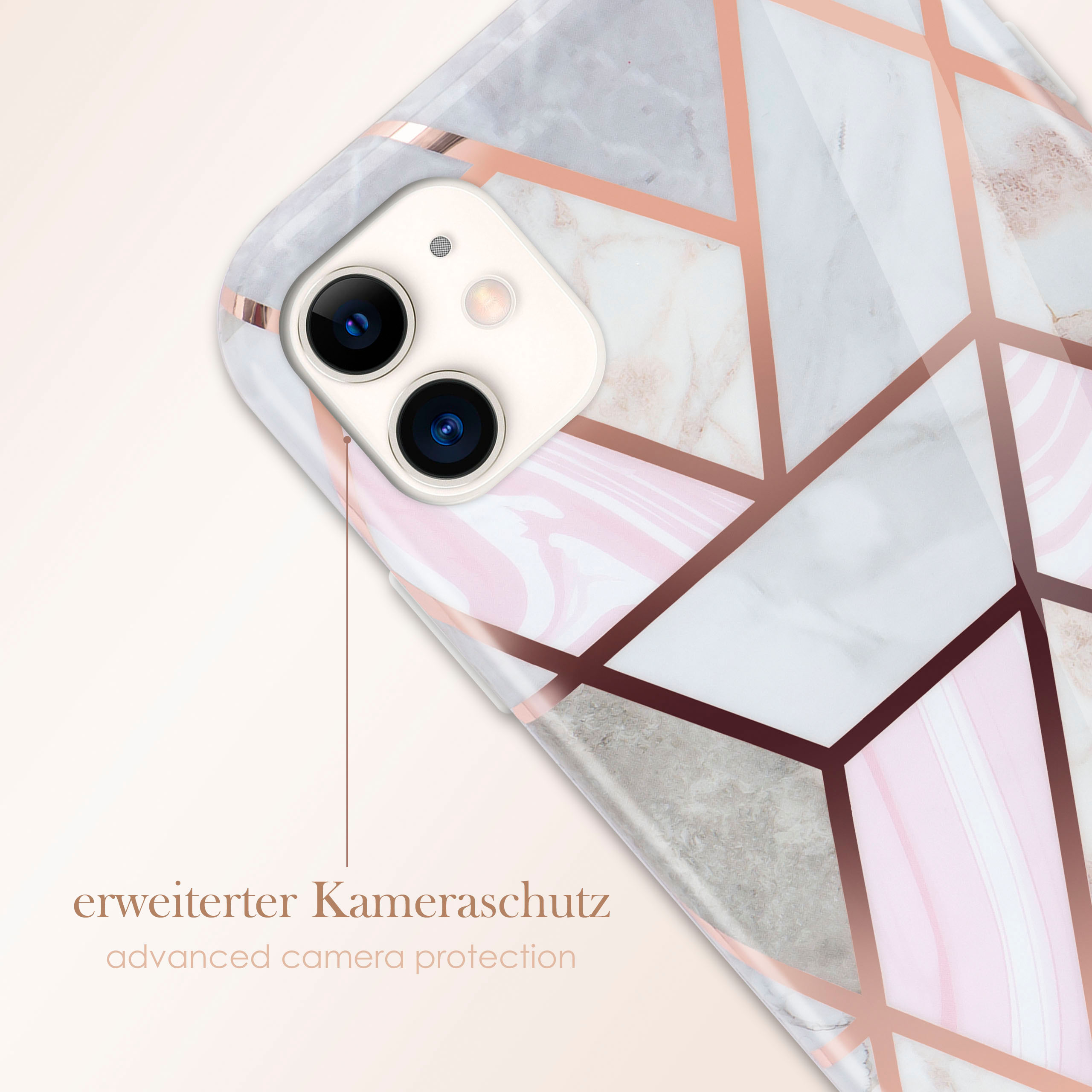 Handyhülle mit Marmordesign und roségoldenen Akzenten, erweiterter Kameraschutz.