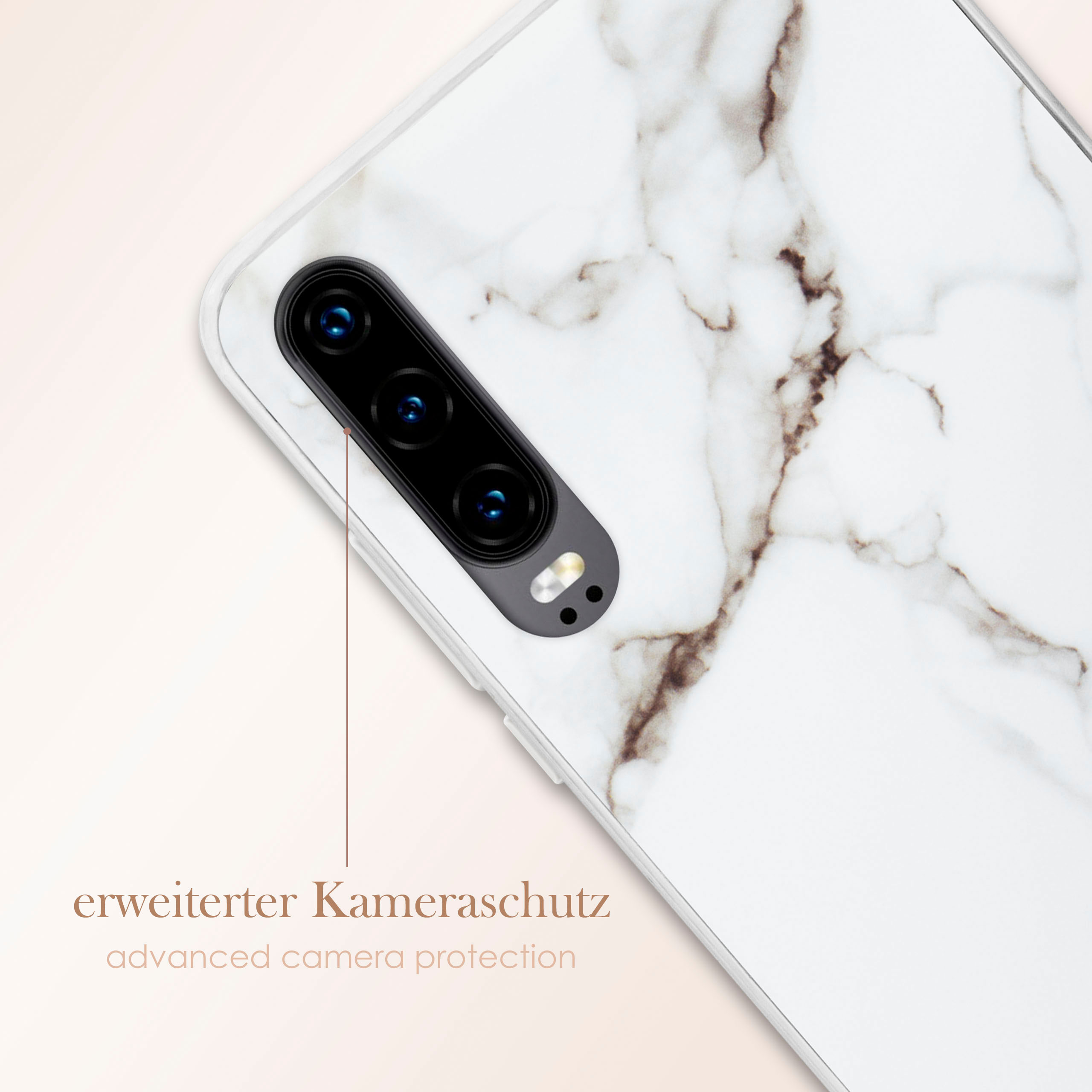 Eine Handyhülle mit Marmordesign und erweitertem Kameraschutz.