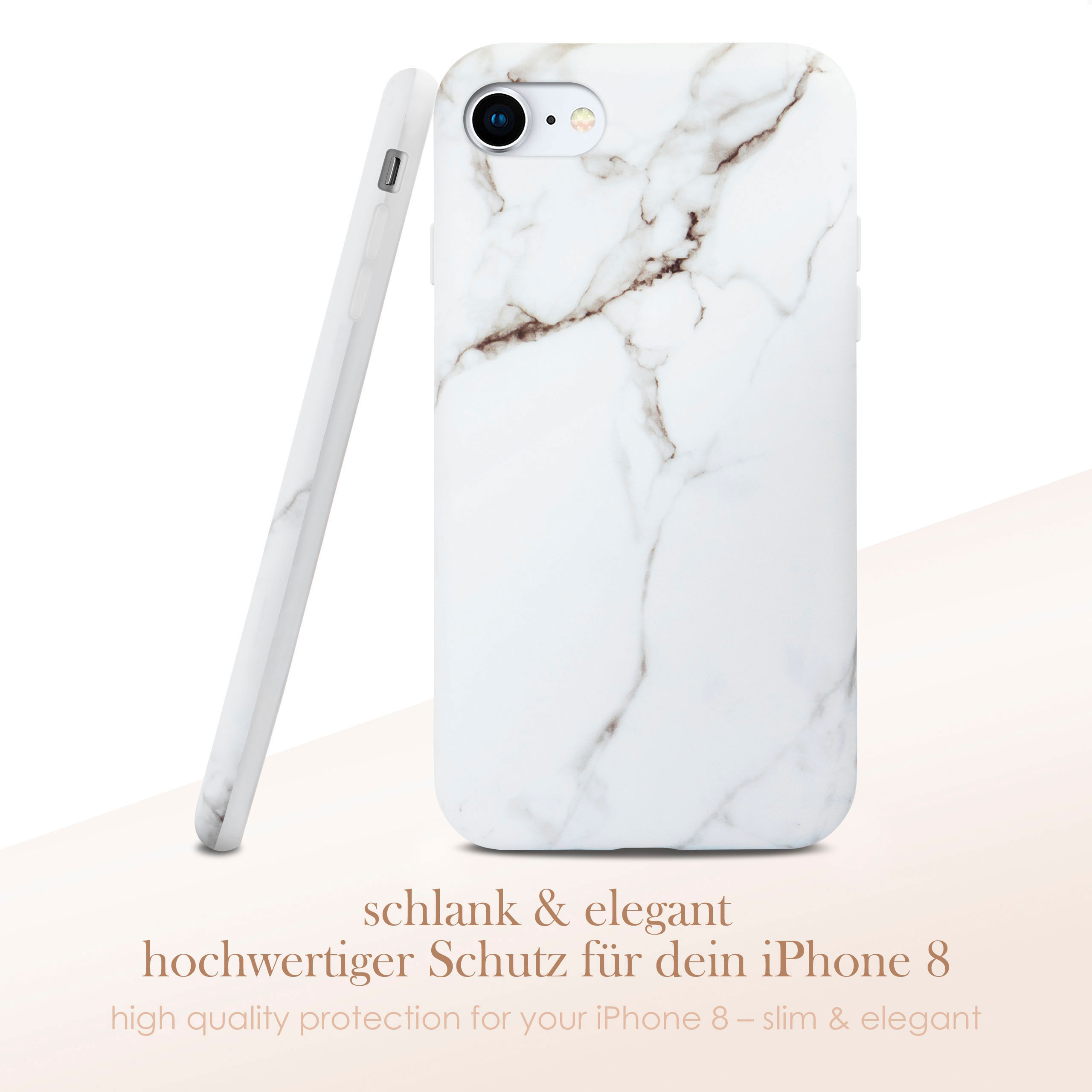 Weisse Marmor-Handyhülle neben einem Telefon. Das Bild zeigt das elegante Design.