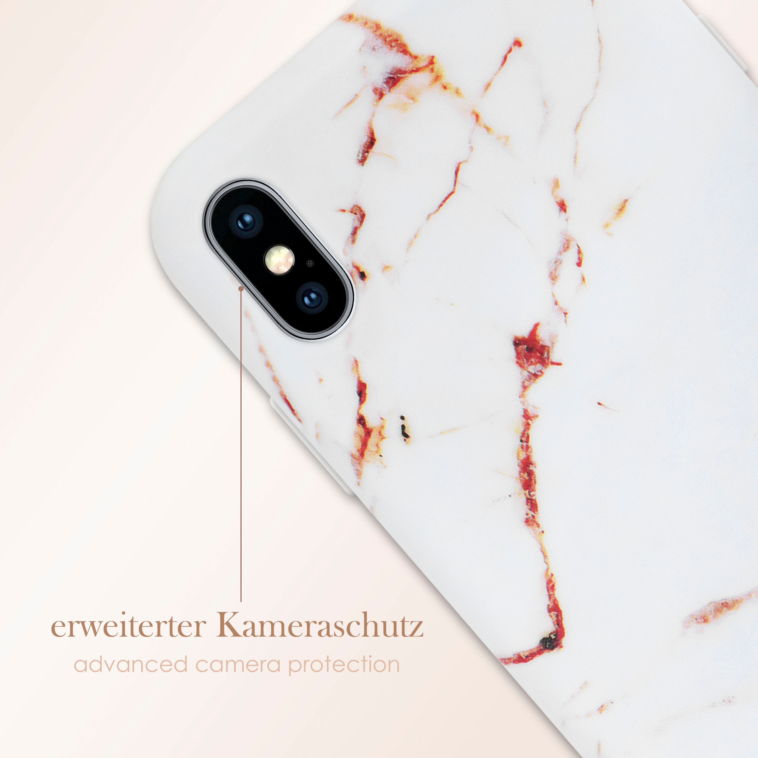 Weiße Handyhülle mit rotem Marmormuster. Zeigt Kameraschutz.
