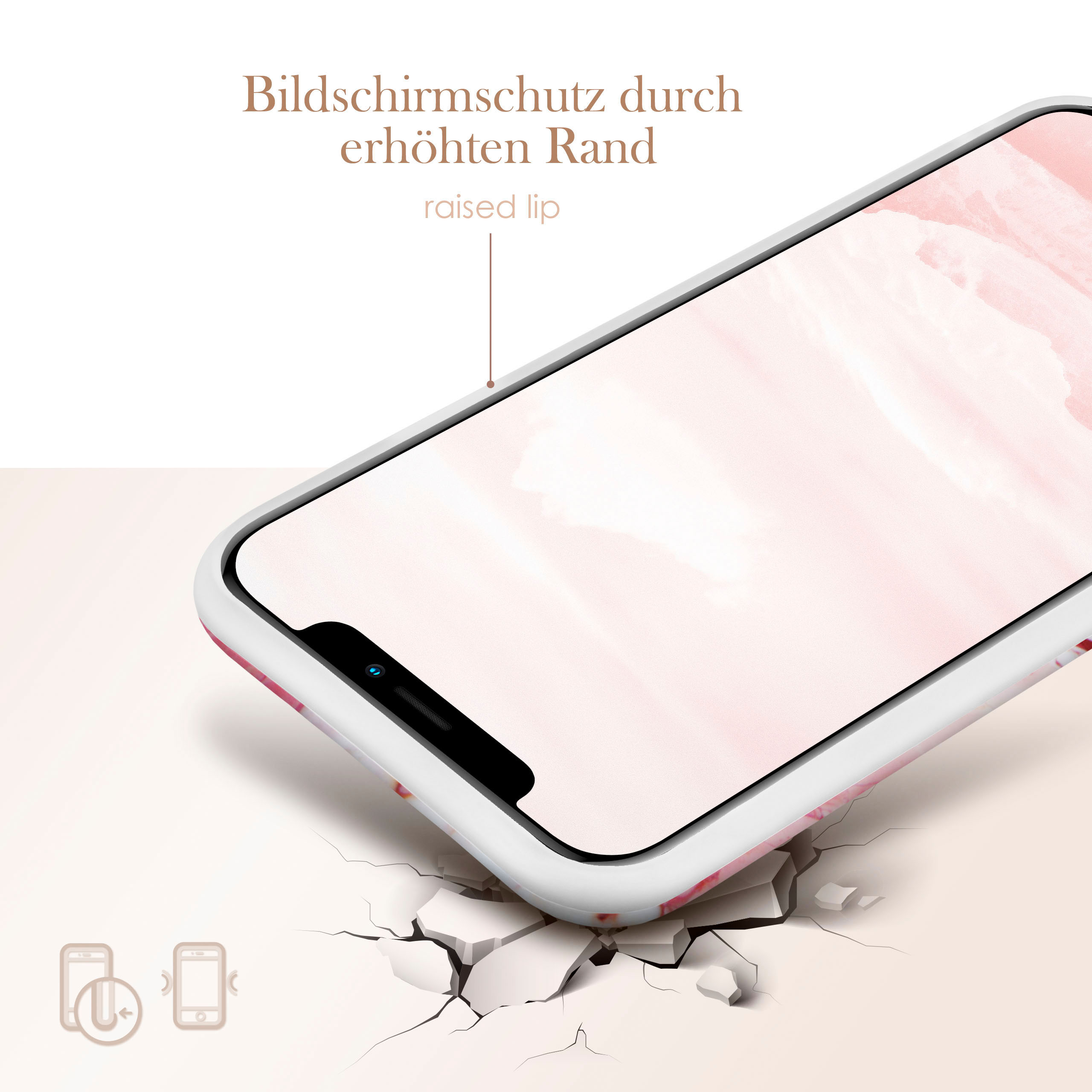 Nahaufnahme eines Telefons mit floralem Case. Das Case hat eine erhöhte Lippe zum Schutz des Bildschirms. Das Telefon liegt auf einer Oberfläche.