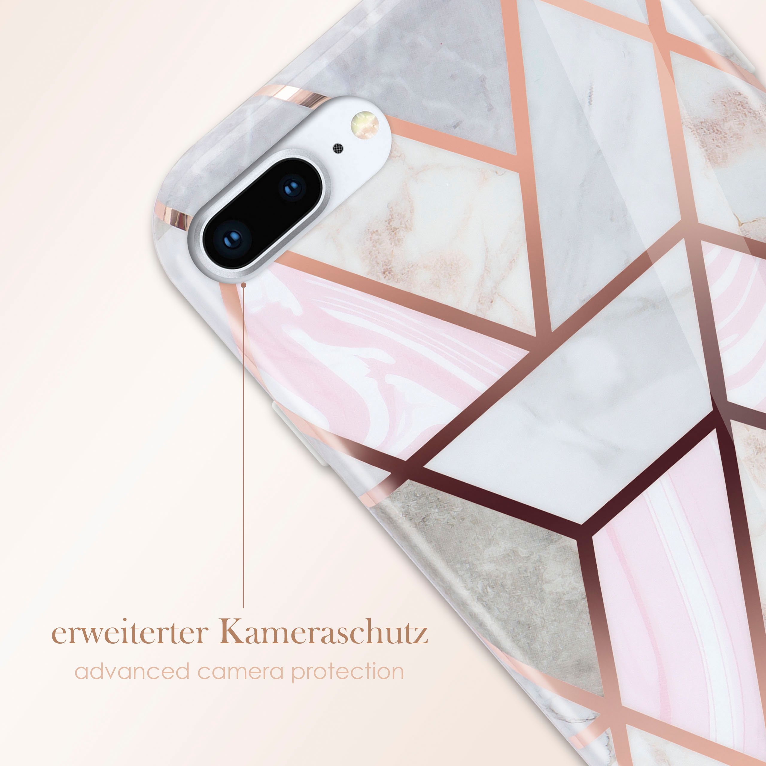 Handyhülle. Marmorstruktur mit geometrischem Design. Rosa und Roségold. Nahaufnahme.