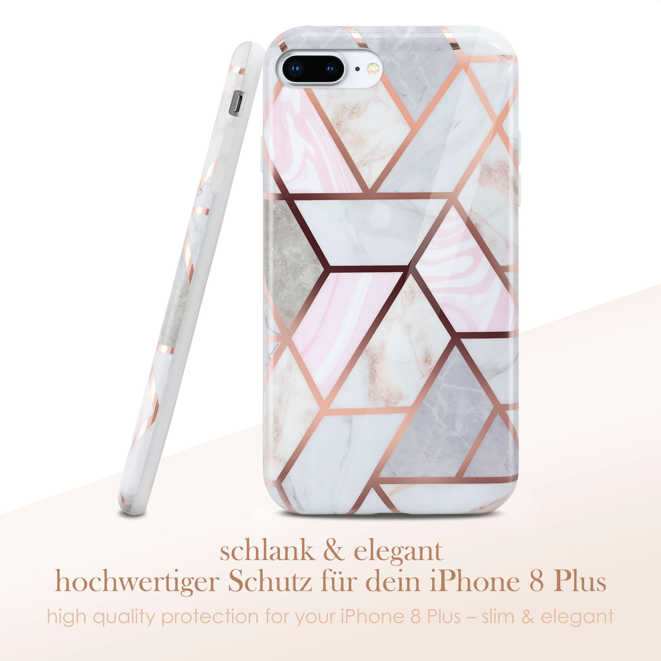 Handyhülle mit Marmor- und geometrischem Design, mit Text unten auf Weiß.