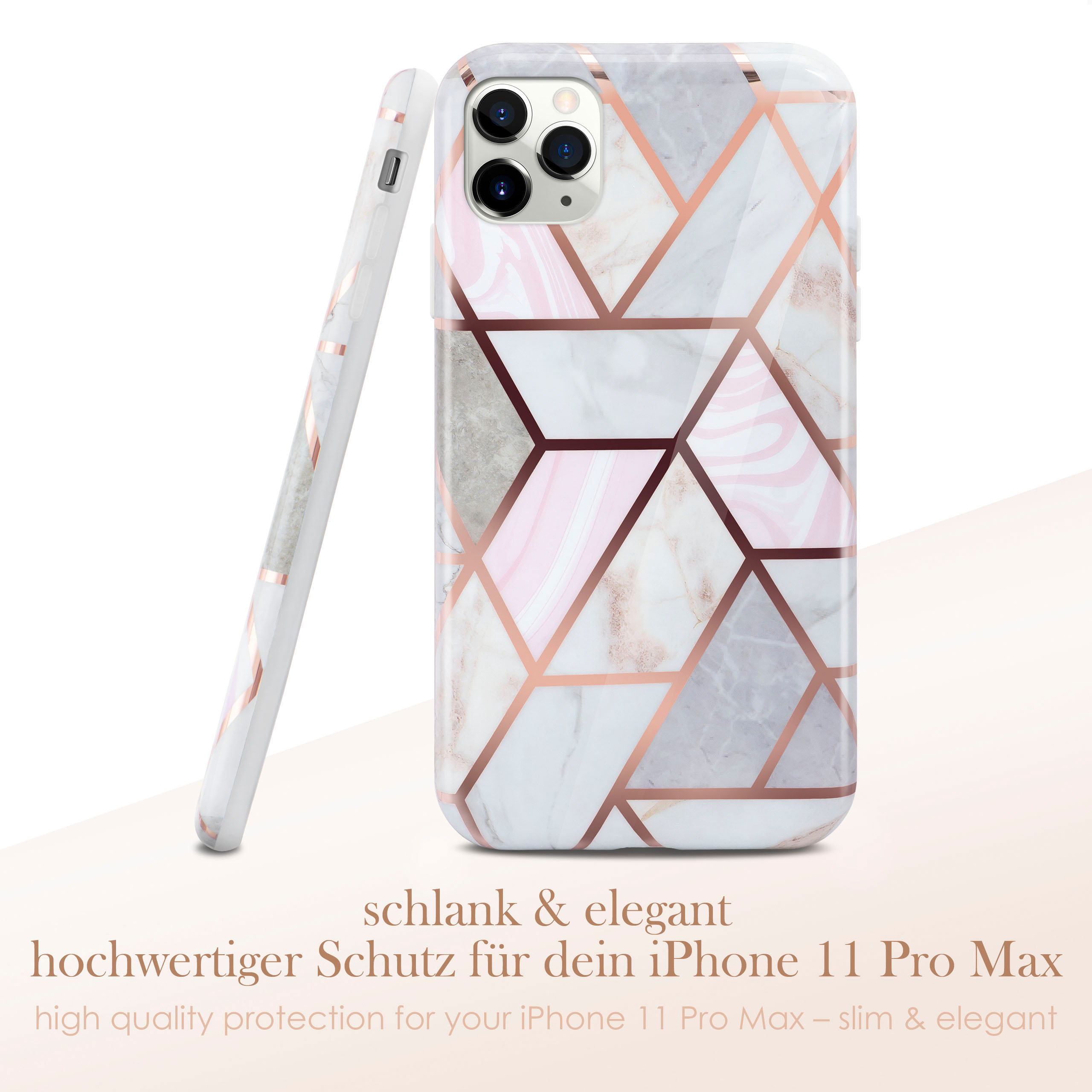 iPhone 11 Pro Max Handyhülle mit Marmordesign und goldenen Akzenten.