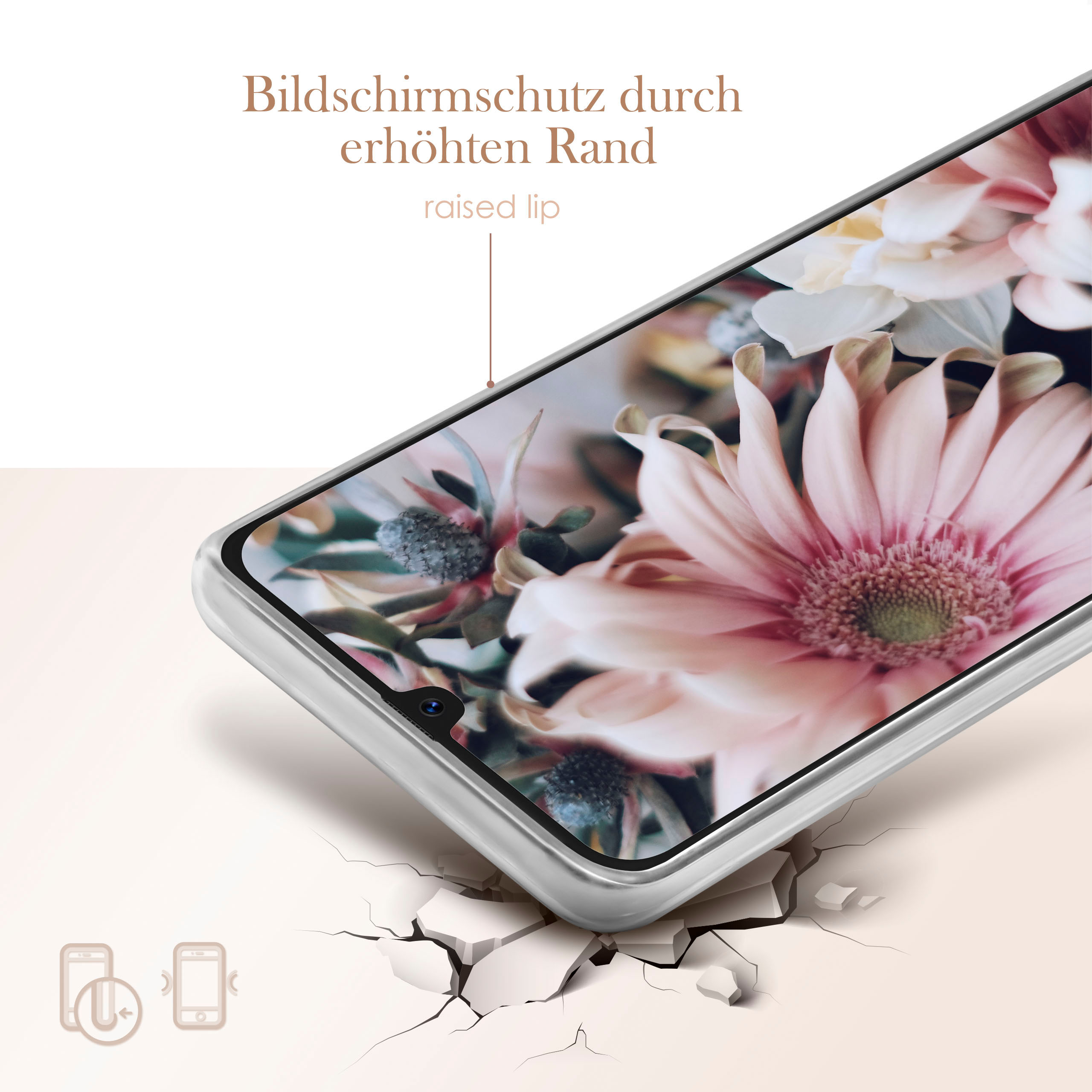 Handy-Displayschutz mit floralem Hintergrund. Rissige Oberfläche im Vordergrund.