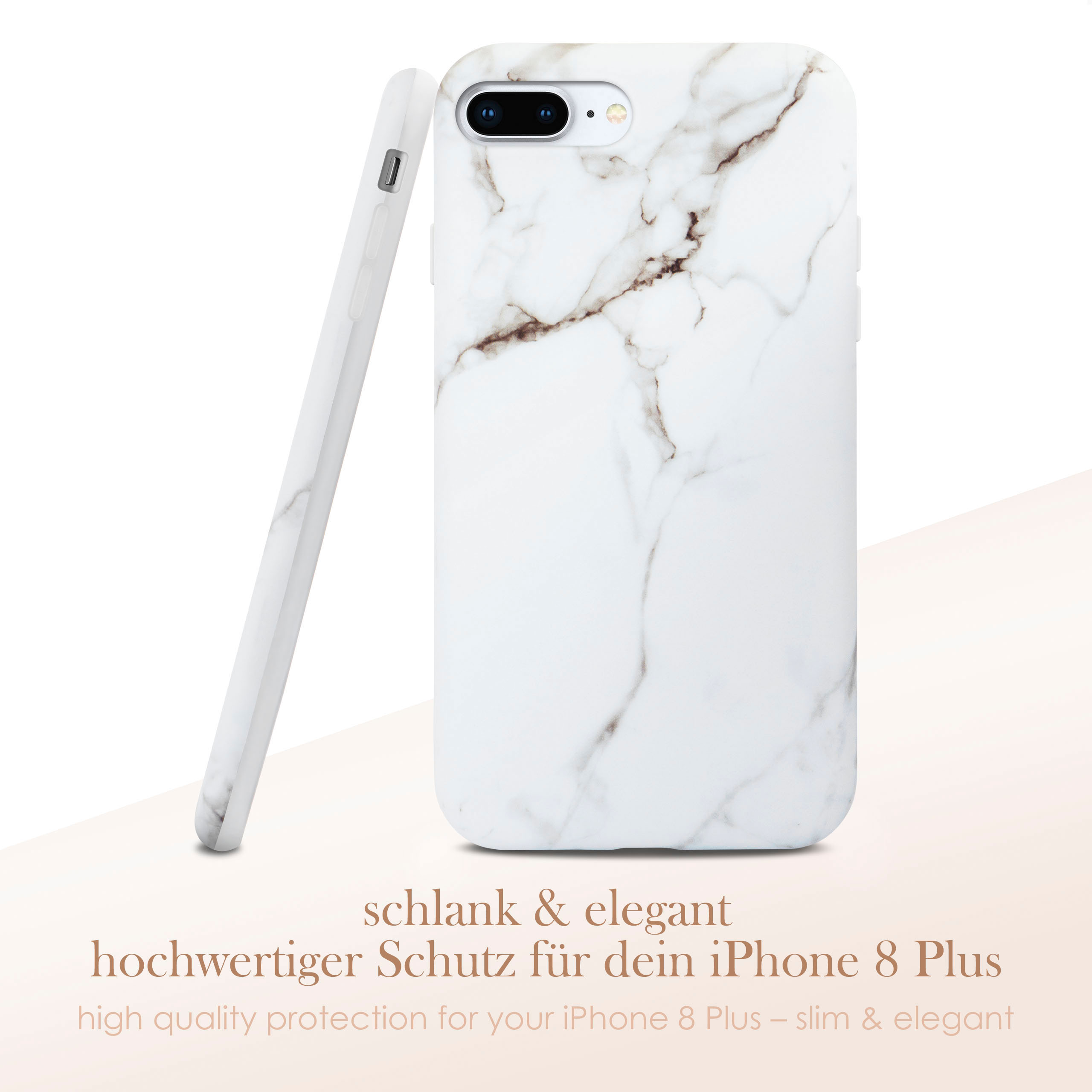 Weiße Handyhülle mit Marmordesign, mit einem Telefon, das sich darauf lehnt.