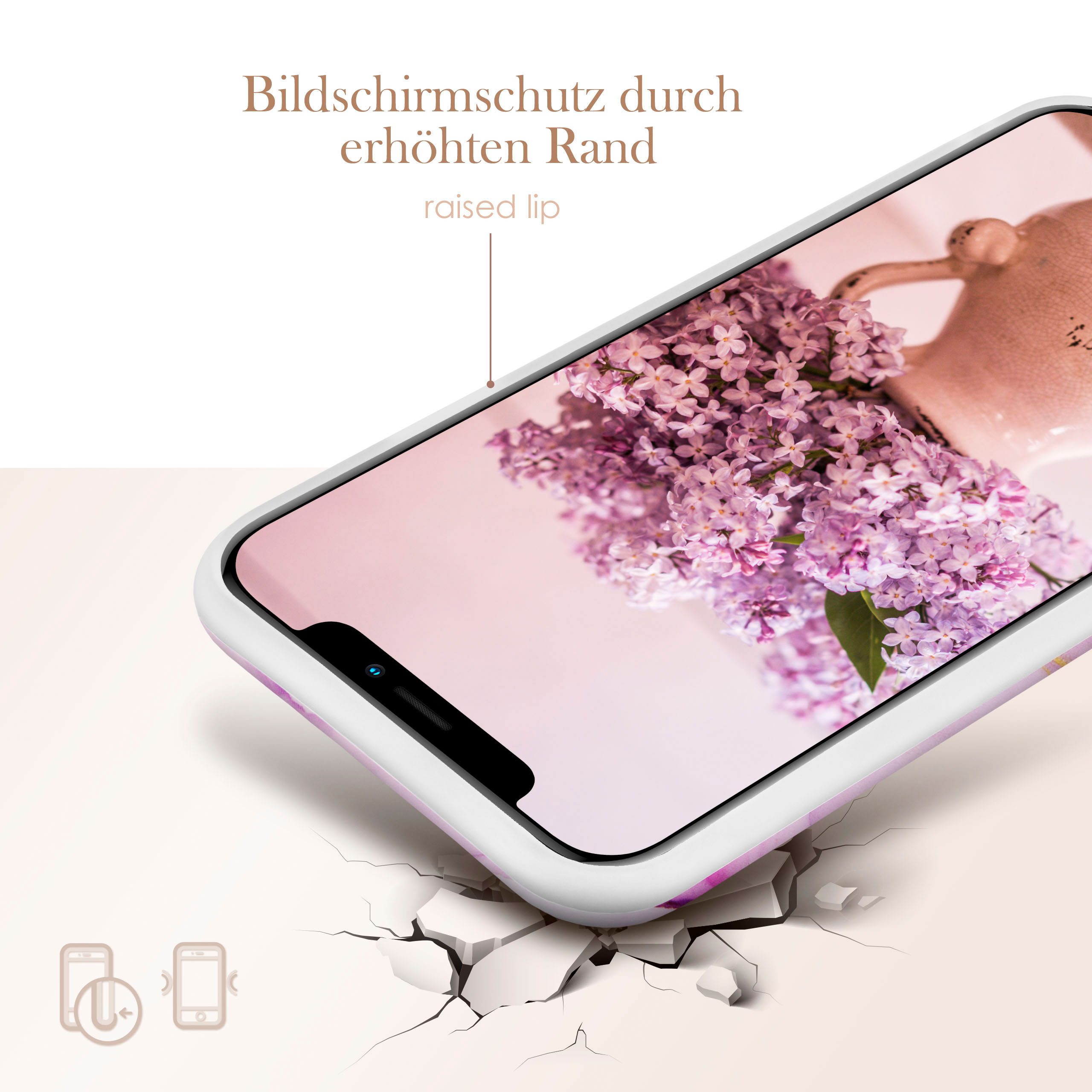 Handyhülle mit Fliederblumen-Hintergrund, mit erhöhtem Rand zum Schutz des Bildschirms.