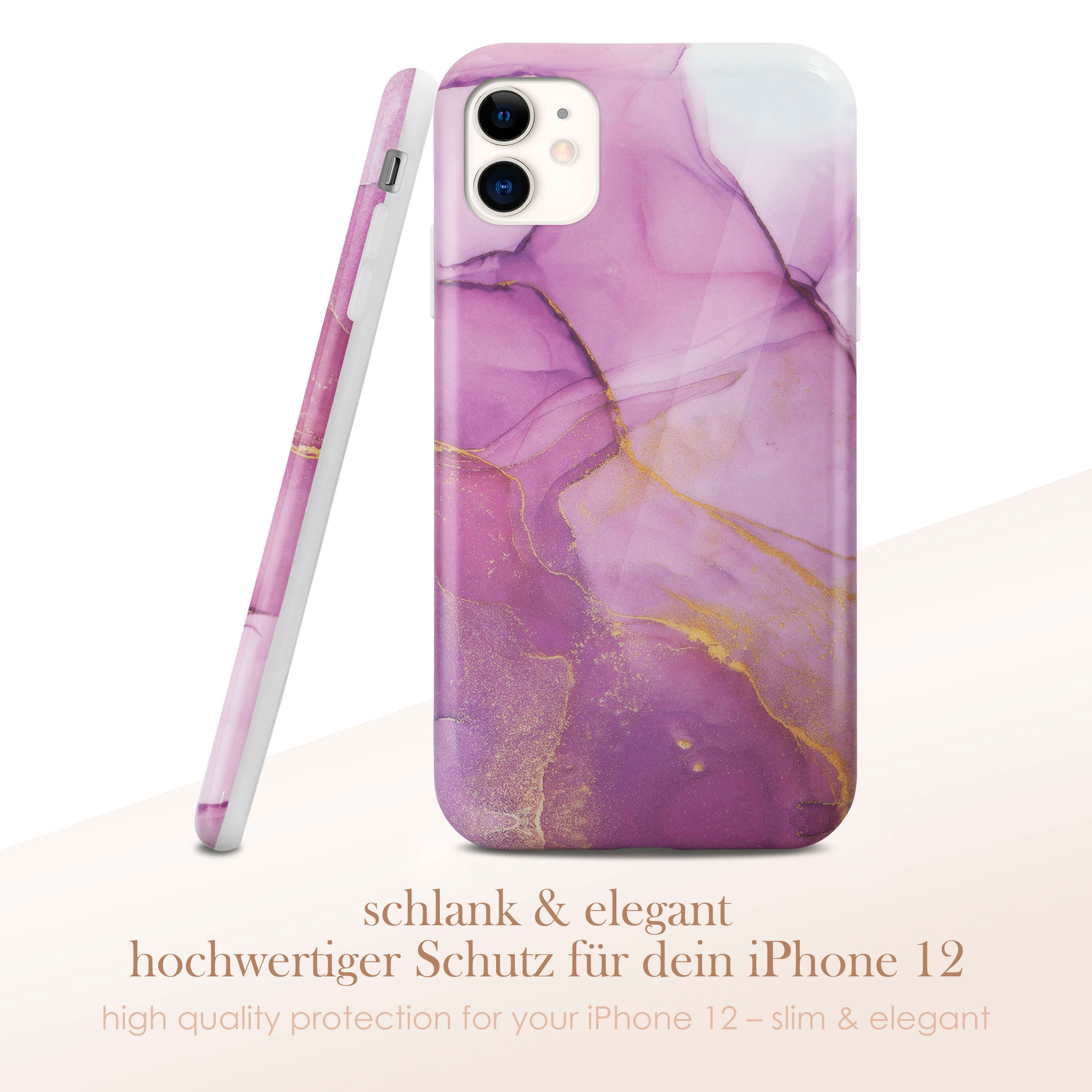 Lila Handyhülle mit goldenen Akzenten. Text: schlank & elegant, hochwertiger Schutz.