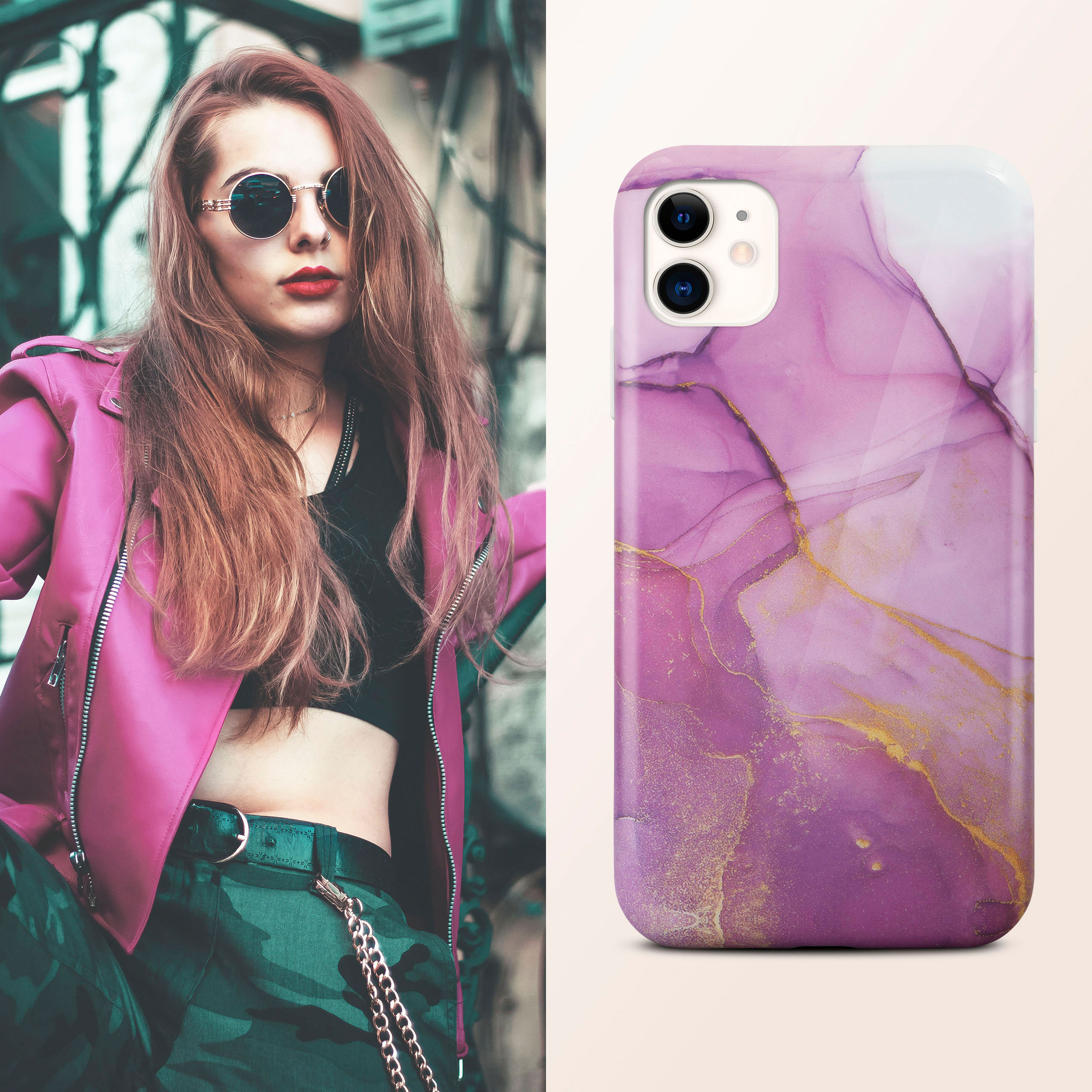 Frau mit Sonnenbrille und pinker Jacke neben Handyhülle. Hülle hat lila Marmordesign.