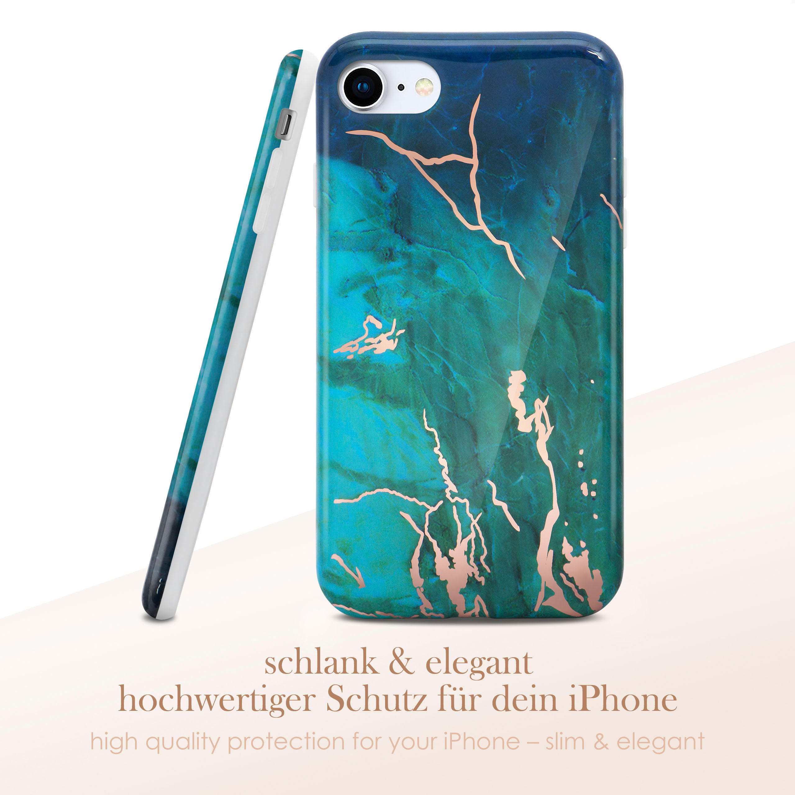 iPhone-Hülle mit Marmordesign in Blau- und Grüntönen, Roségold-Akzenten.