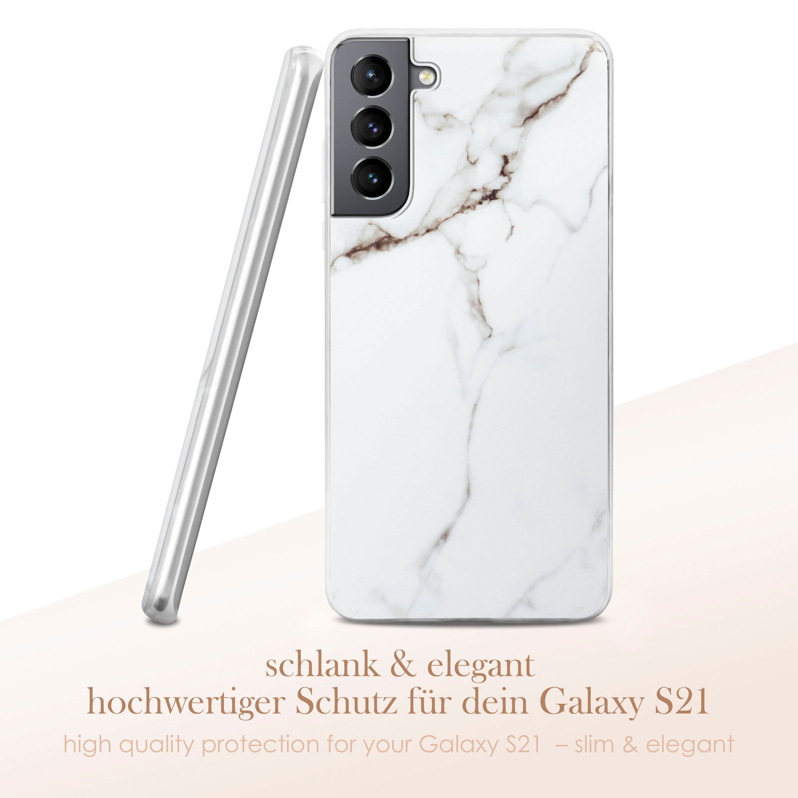 Weiße Handyhülle mit Marmor-Design, neben einer anderen Hülle. Text sichtbar.
