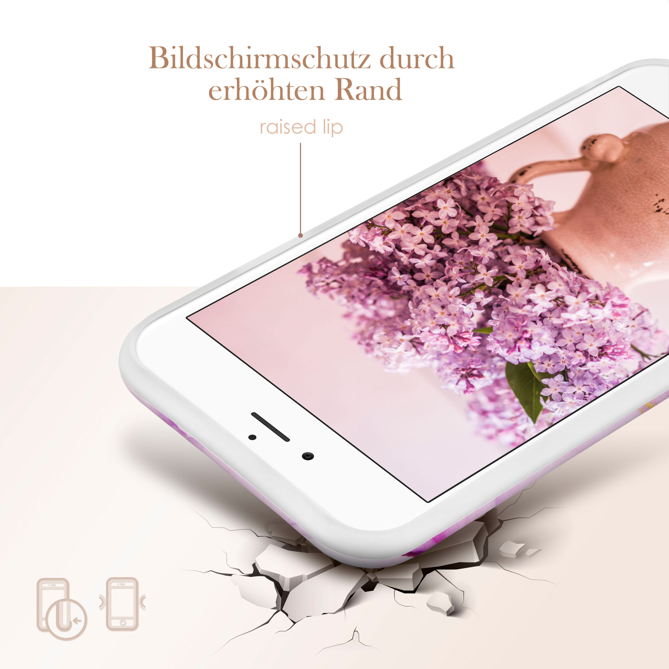 Nahaufnahme einer Handyhülle mit Blumen und Flieder, mit Text über erhöhten Lippenschutz.