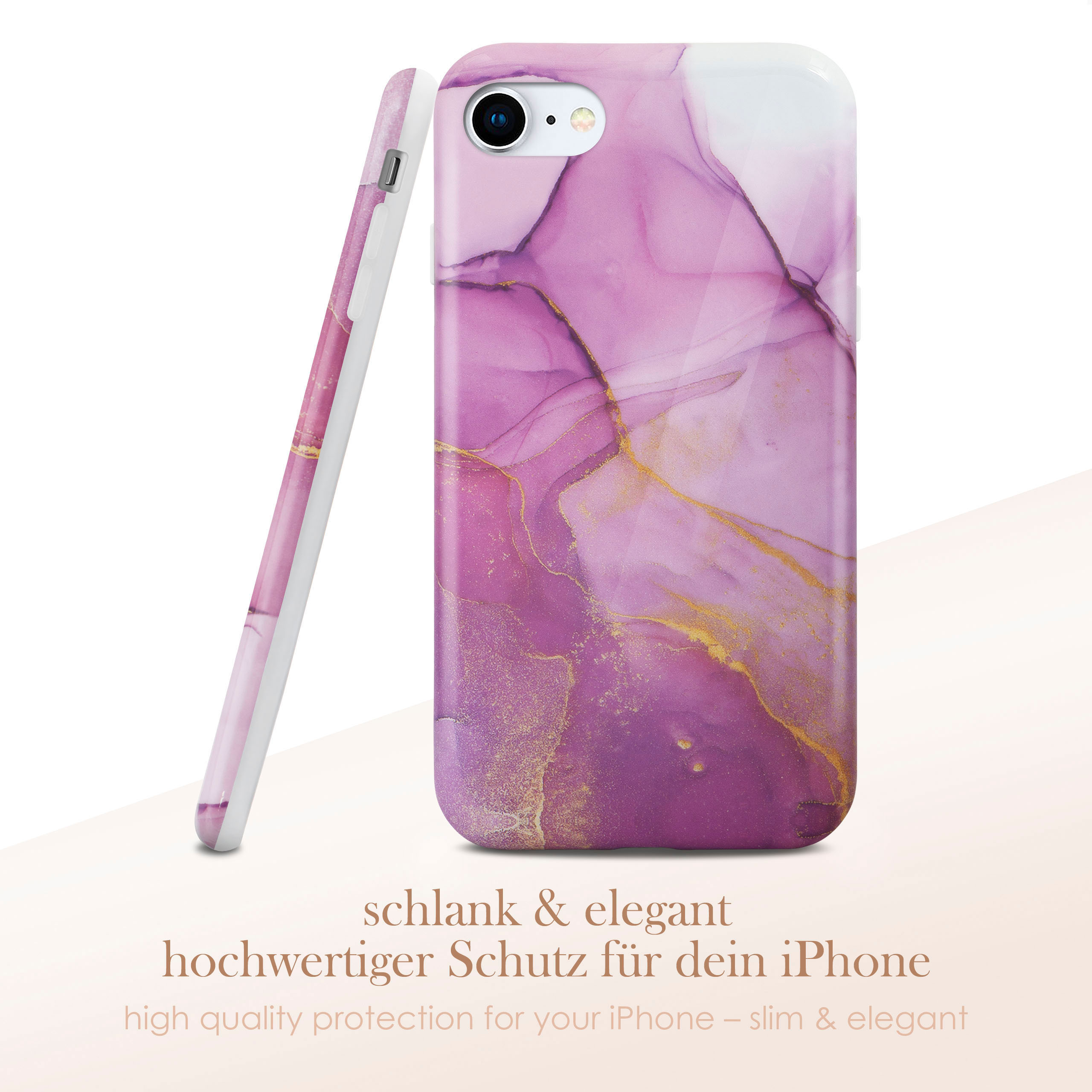 Rosa Marmor-Handyhülle. Weiße Rückseite. Gehäuse lehnt sich an. Goldakzente, schlank & elegant. Hochwertiger Schutz.