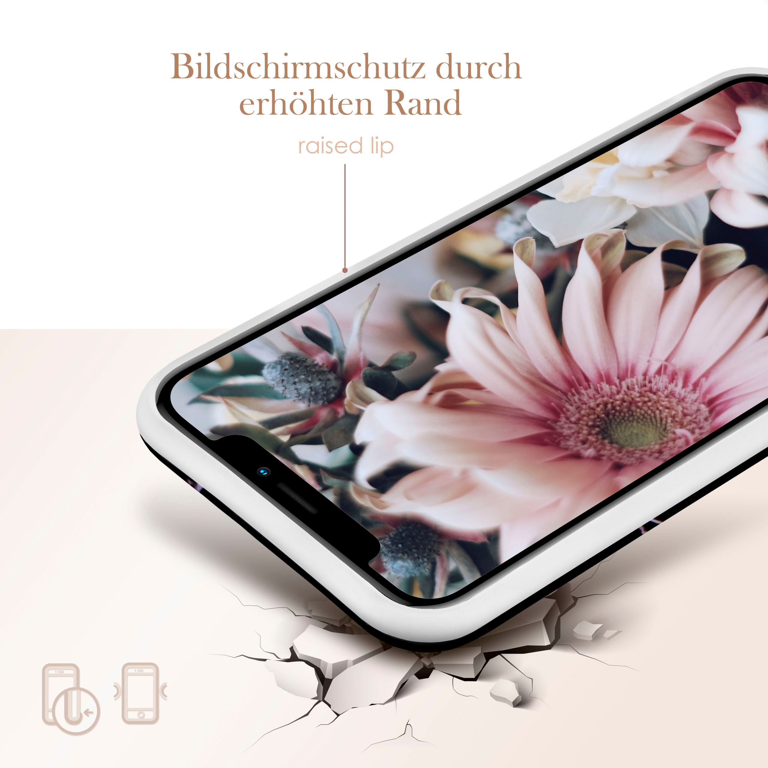 Weißes Handycase mit Blumendisplay auf dem Handybildschirm. Text: erhöhter Rand. Telefon fällt auf rissige Oberfläche.