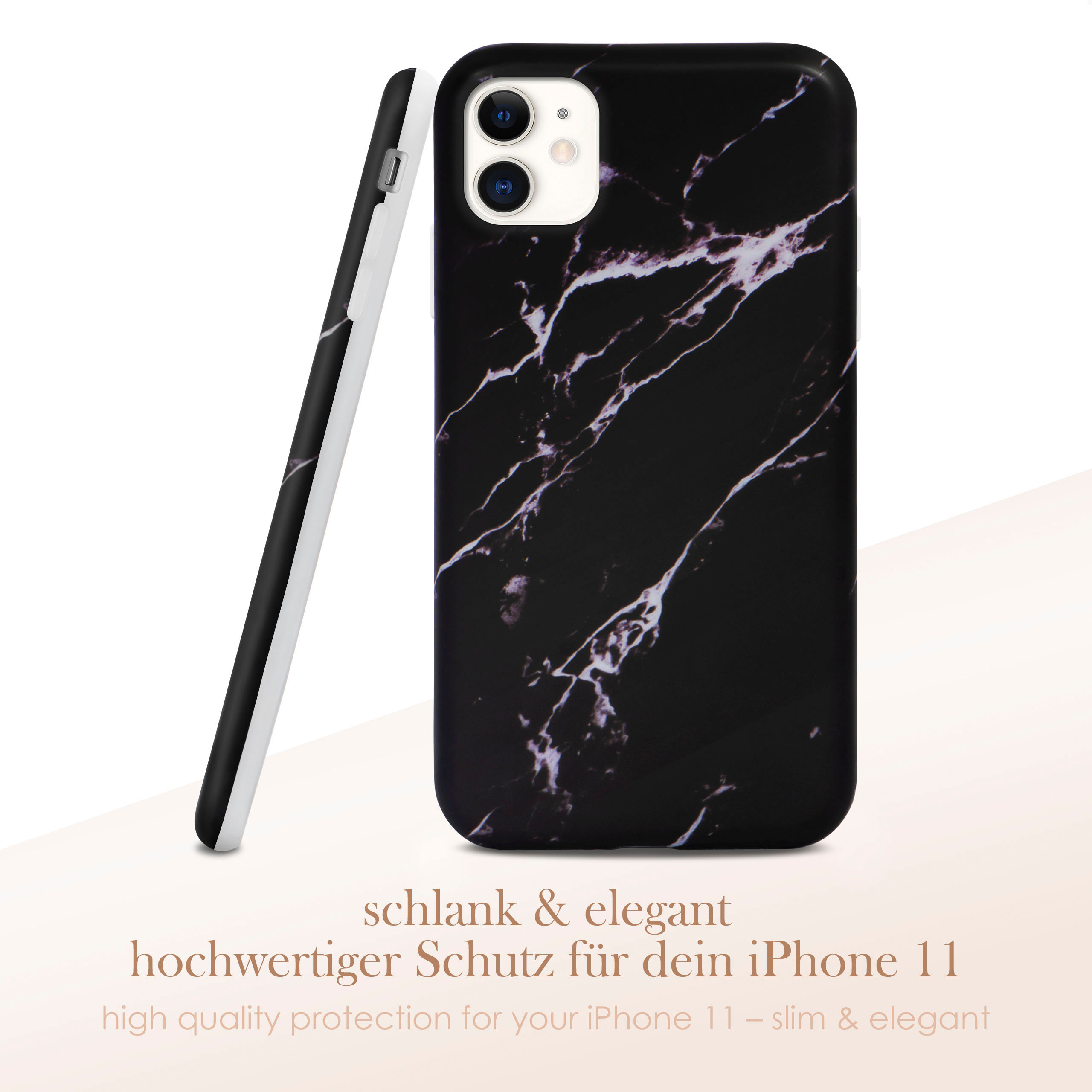 Schwarze Marmor-Handyhülle. Eine Handyhülle steht aufrecht. Text lautet 'hochwertiger Schutz'.