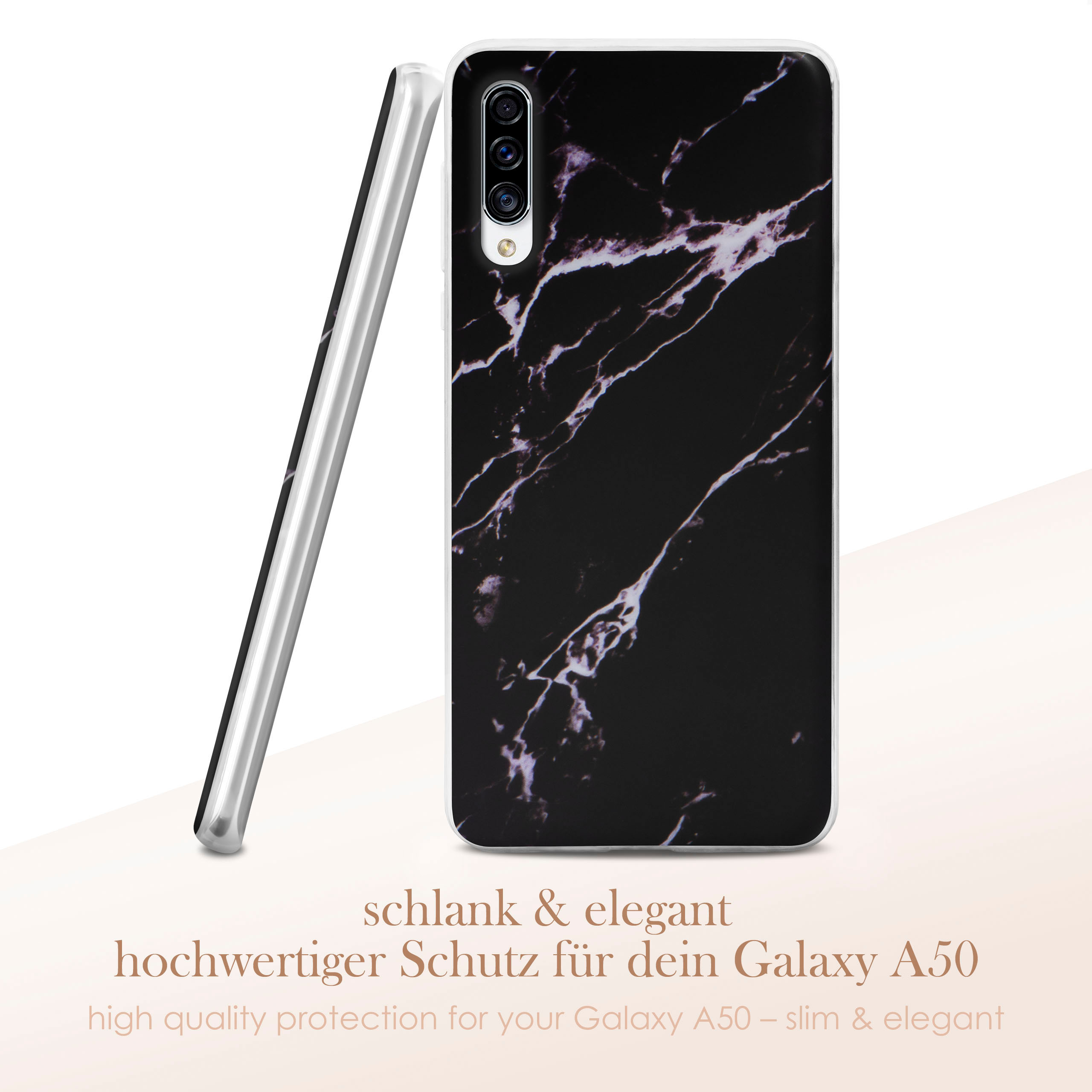 Schwarze Marmor-Handyhülle mit einem stehenden Telefon. Text: schlank & elegant, hochwertiger Schutz.