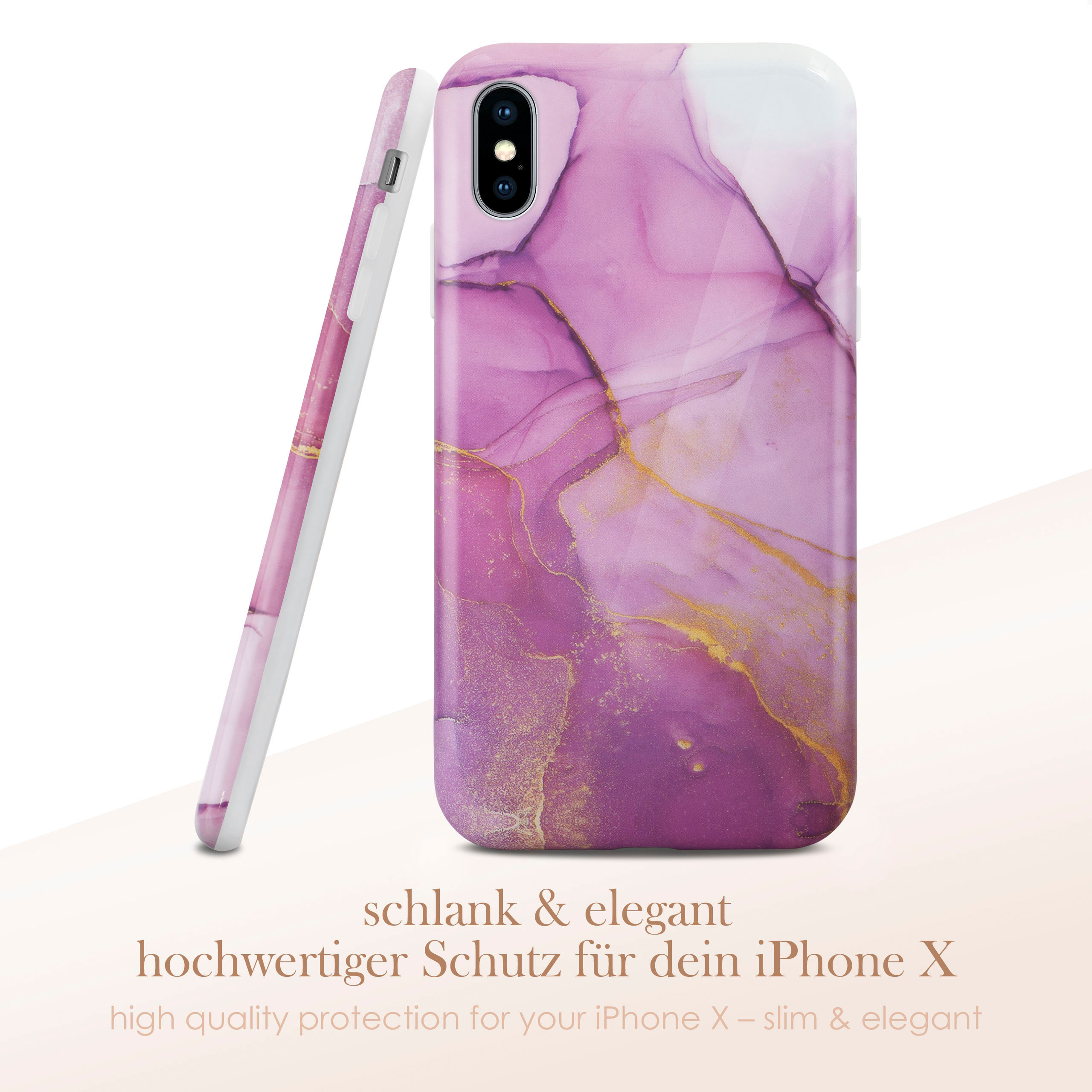 Handyhülle. Rosa und goldfarbenes Marmordesign. Das Telefon liegt an der Seite. Weißer Hintergrund.