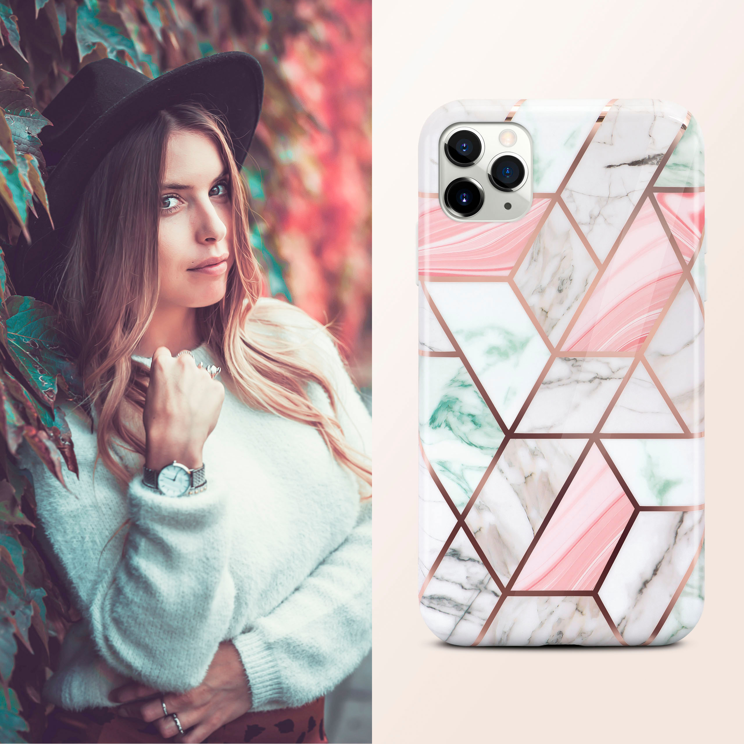 Eine Frau mit Hut und eine Handyhülle mit geometrischem Marmormuster. Helle Farben.