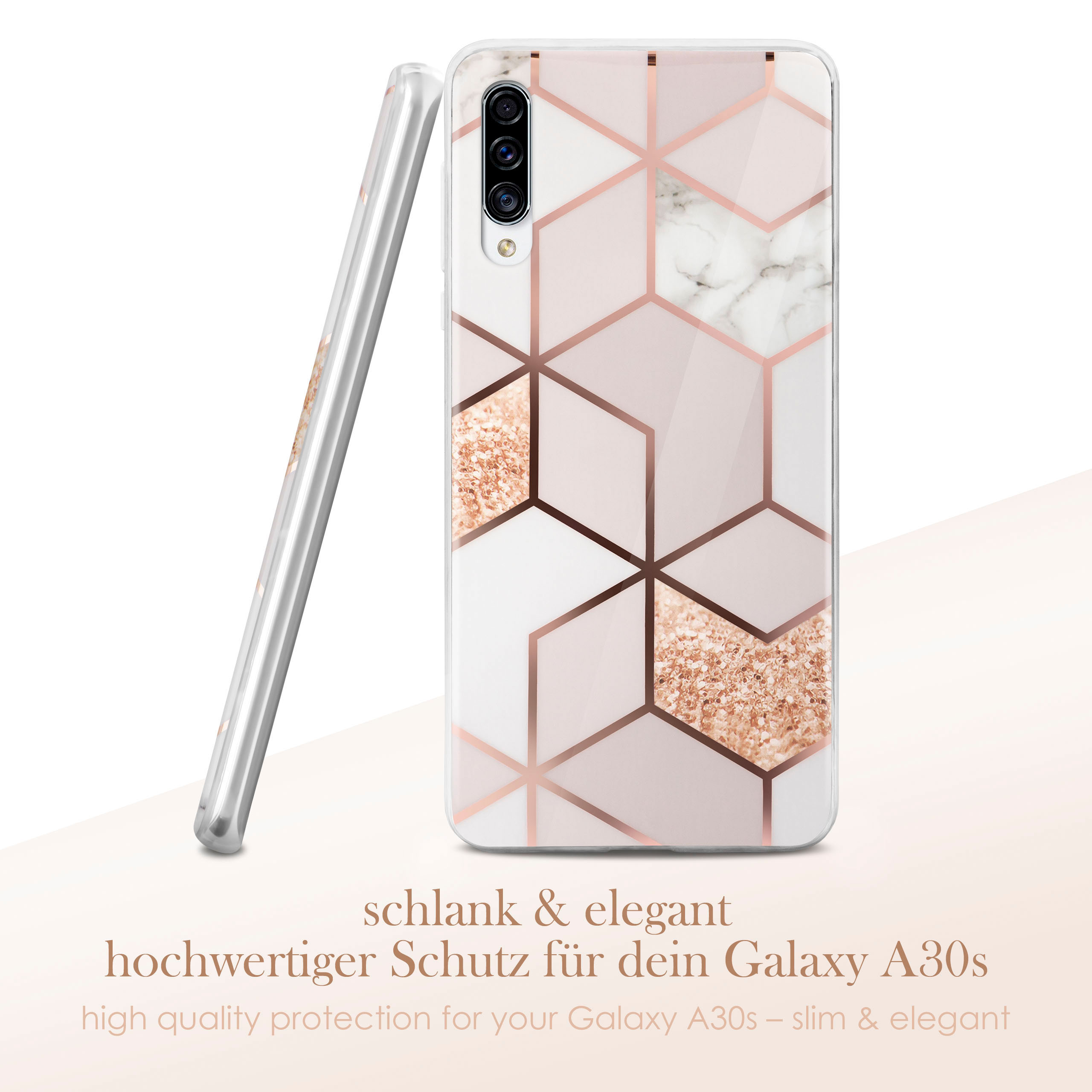 Handyhülle mit geometrischem Design. Text hebt Merkmale hervor. Weißer und Marmorhintergrund.