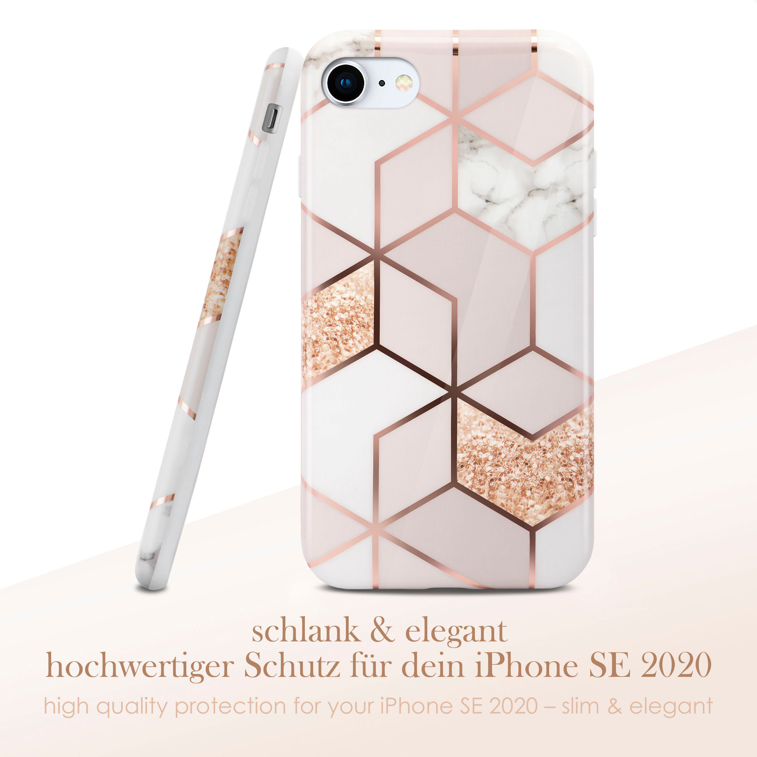 Weiß-rosa Handyhülle mit geometrischem Design. Text: 'schlank & elegant' und 'hochwertiger Schutz'.