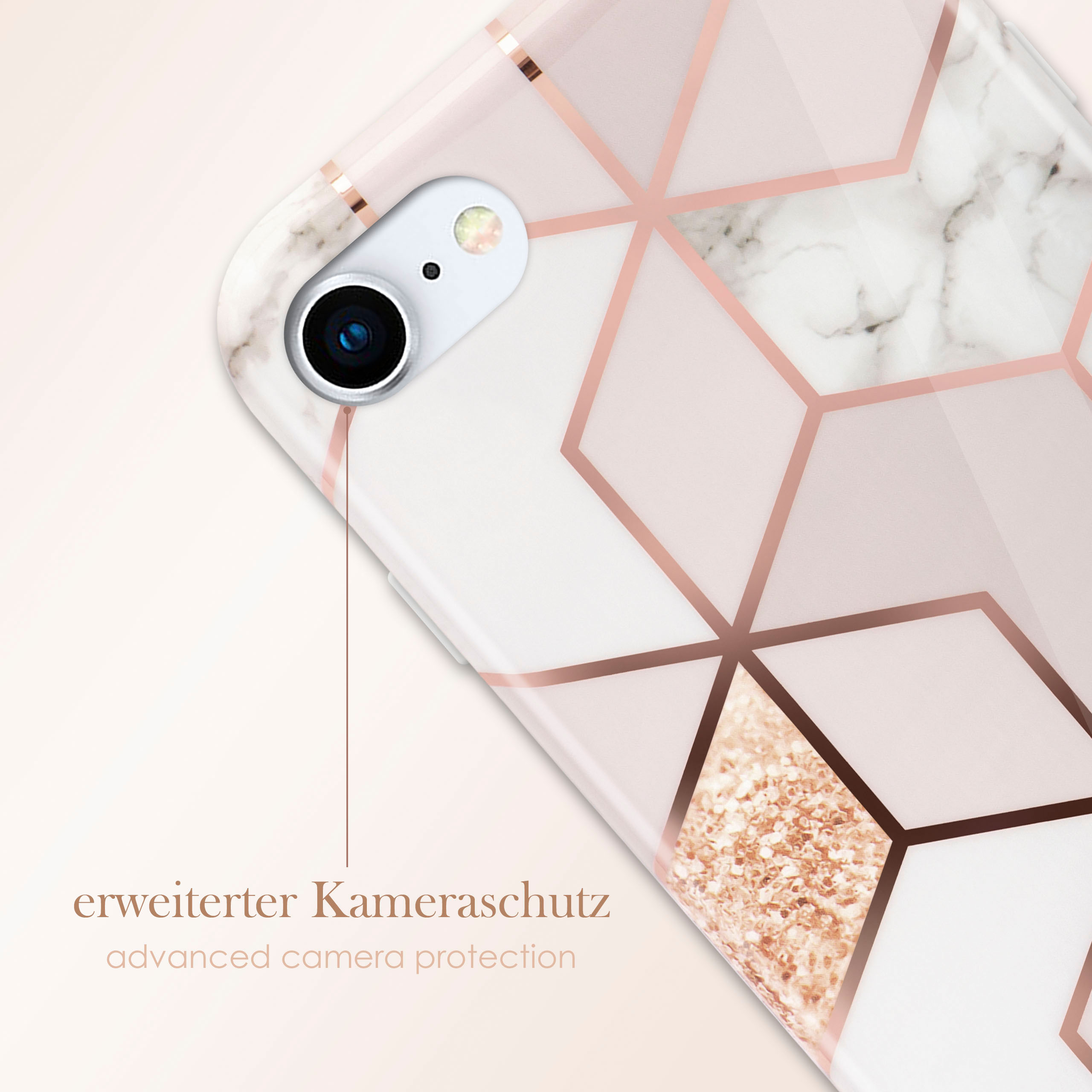 Handyhülle mit roségoldenem geometrischen Design und Text: Kameraschutz, auf weißem Grund.