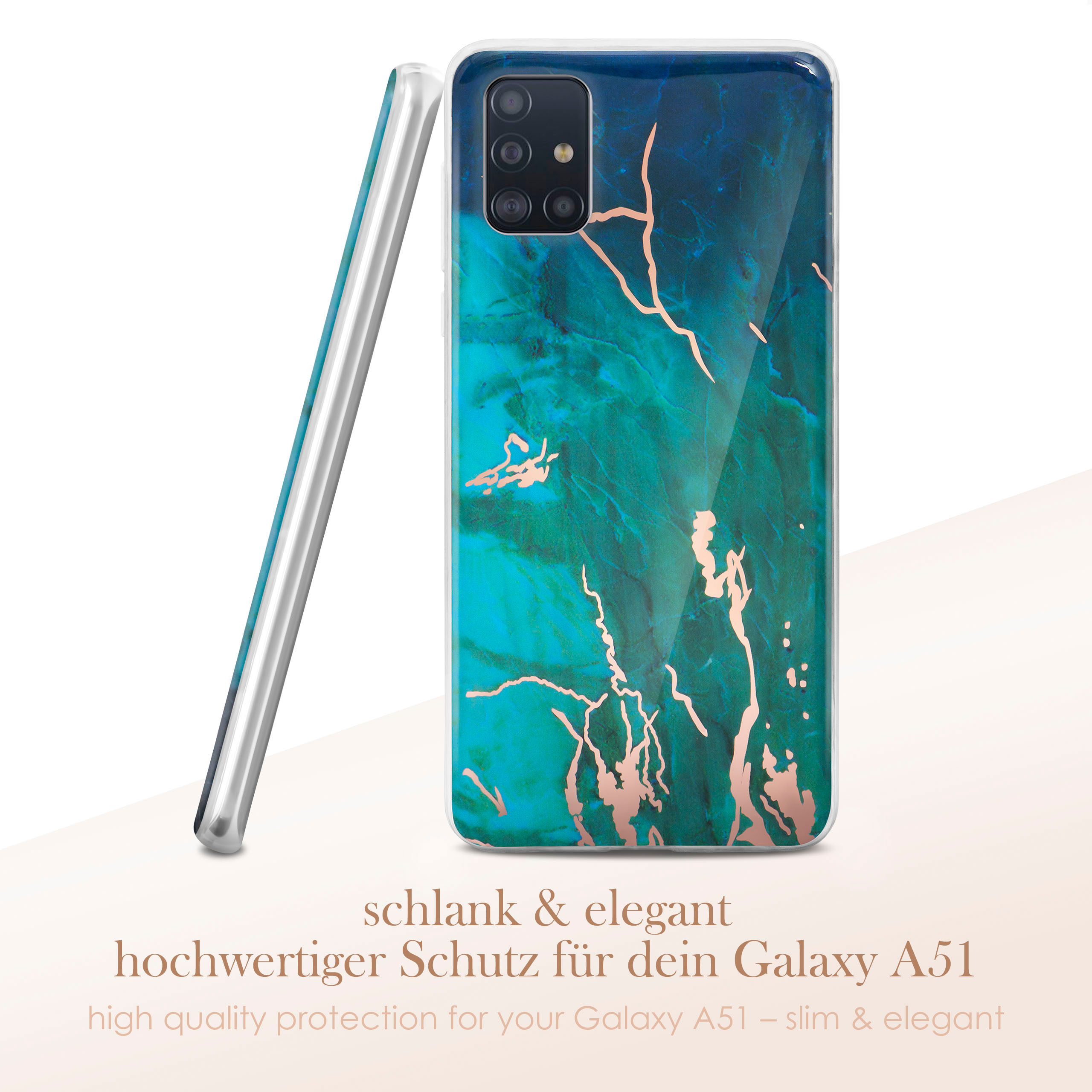 Handyhülle für Galaxy A51. Türkis und Gold Marmor Design. Eleganter Look.