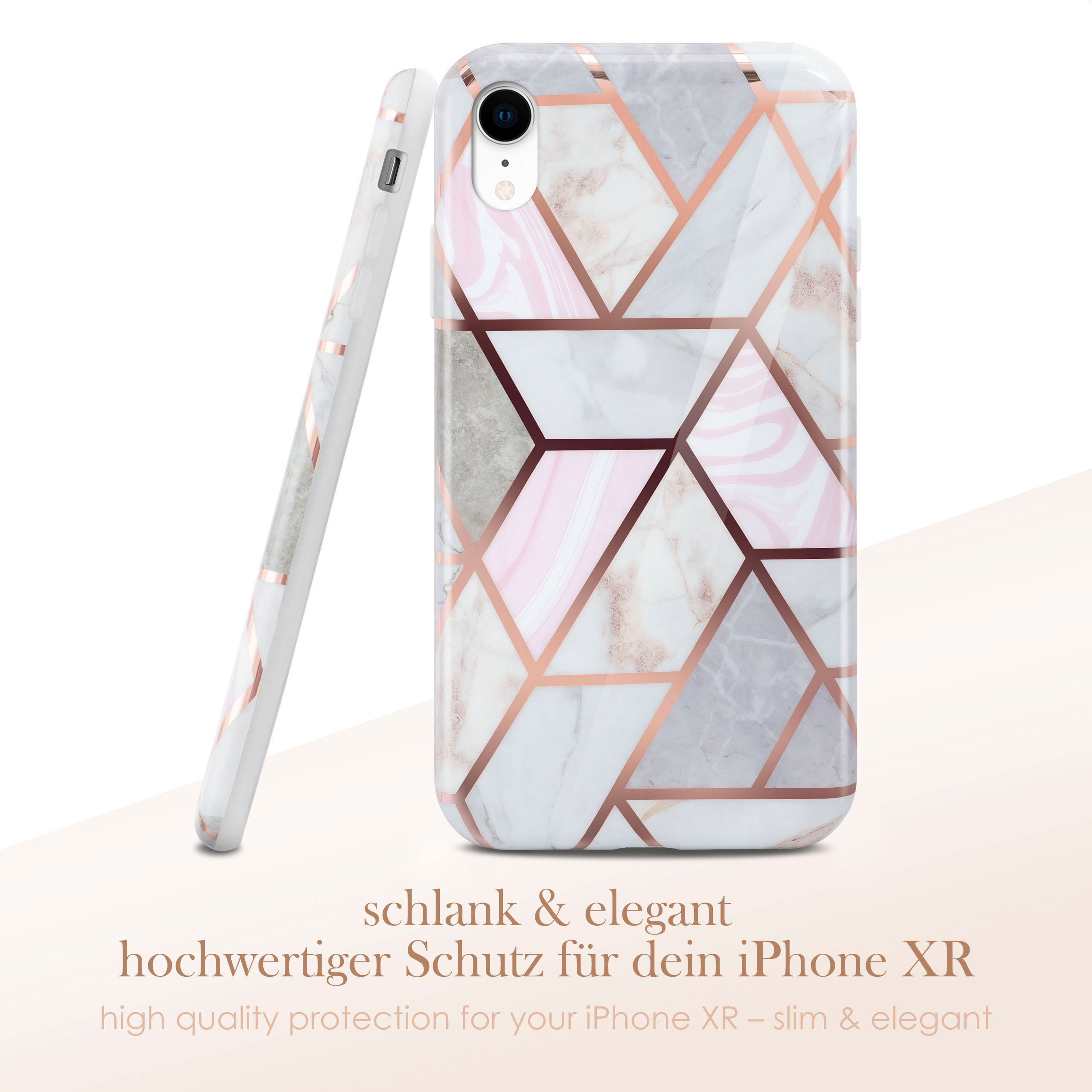 iPhone XR Hülle. Weißer Marmor mit roségoldenem geometrischem Design. Der Text lautet: "schmal & elegant, hochwertiger Schutz."