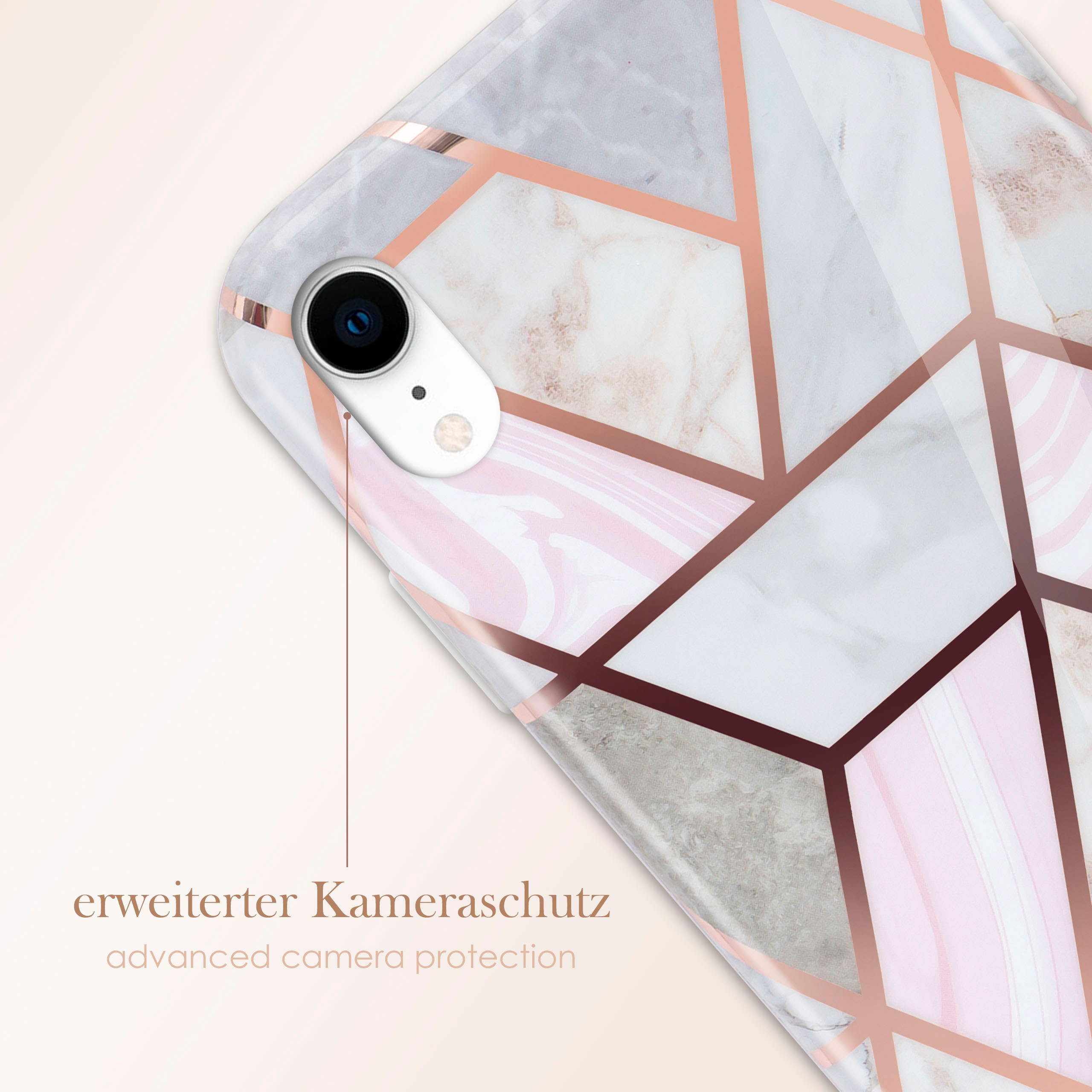 Nahaufnahme einer Handyhülle mit weißem Marmordesign und roségoldenen geometrischen Linien.