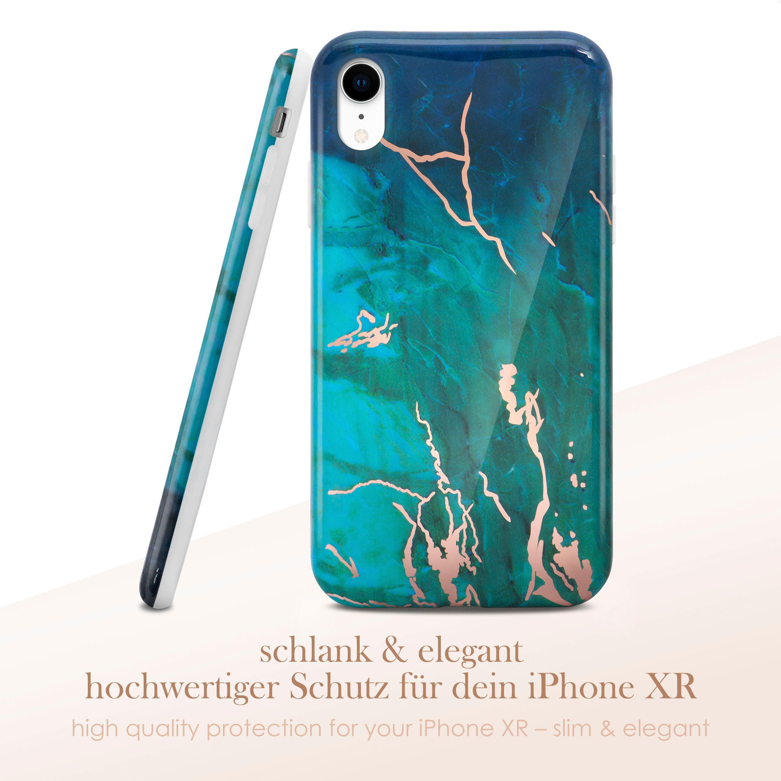 Handyhülle mit blauem und grünem Marmordesign. Steht neben einem Telefon und hat Text.