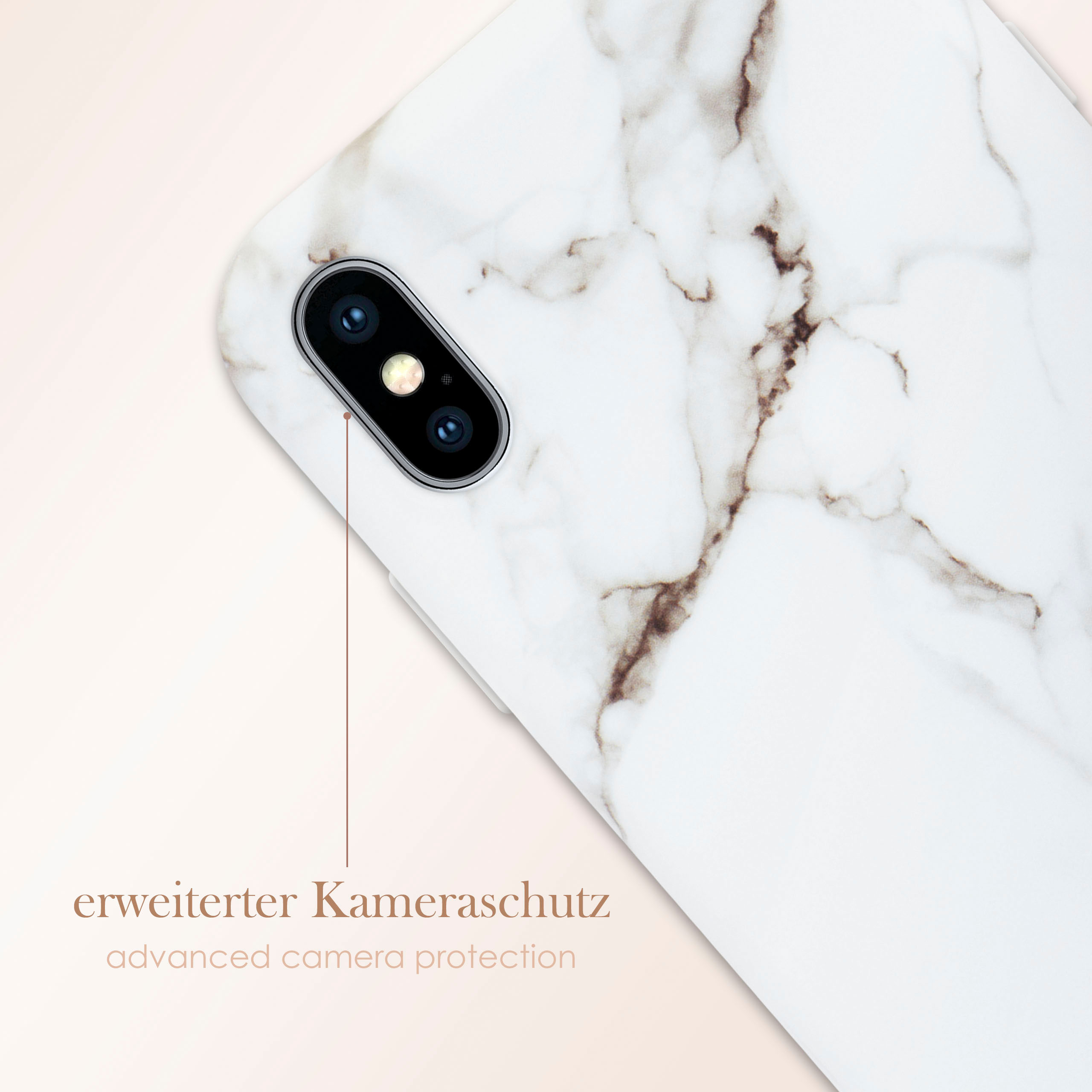 Weiße Handyhülle mit Marmor-Design, Dual-Kameraobjektiv.