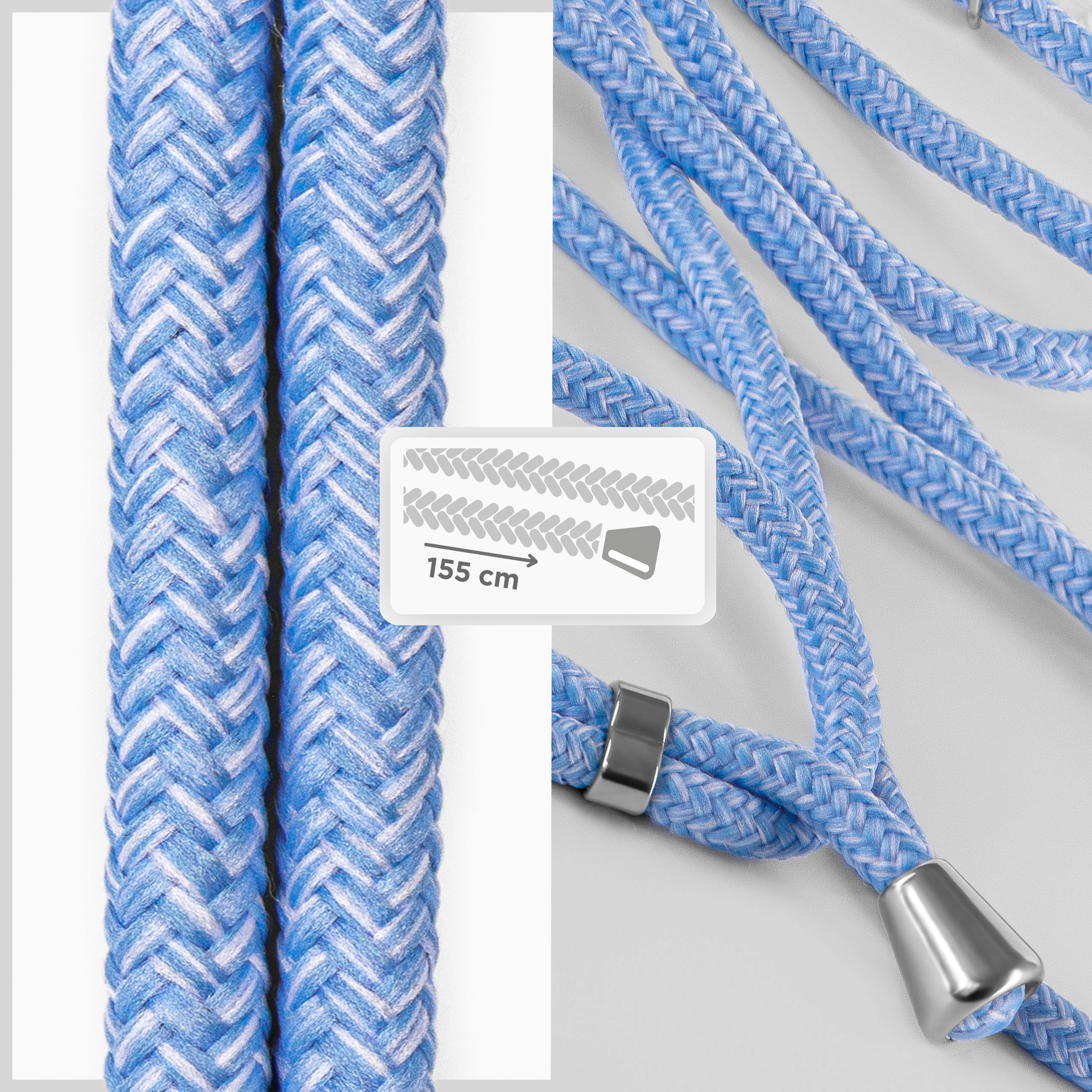 Nahaufnahme des blau-weißen Telefonriemens. Details des Riemens und ein Messleitfaden.